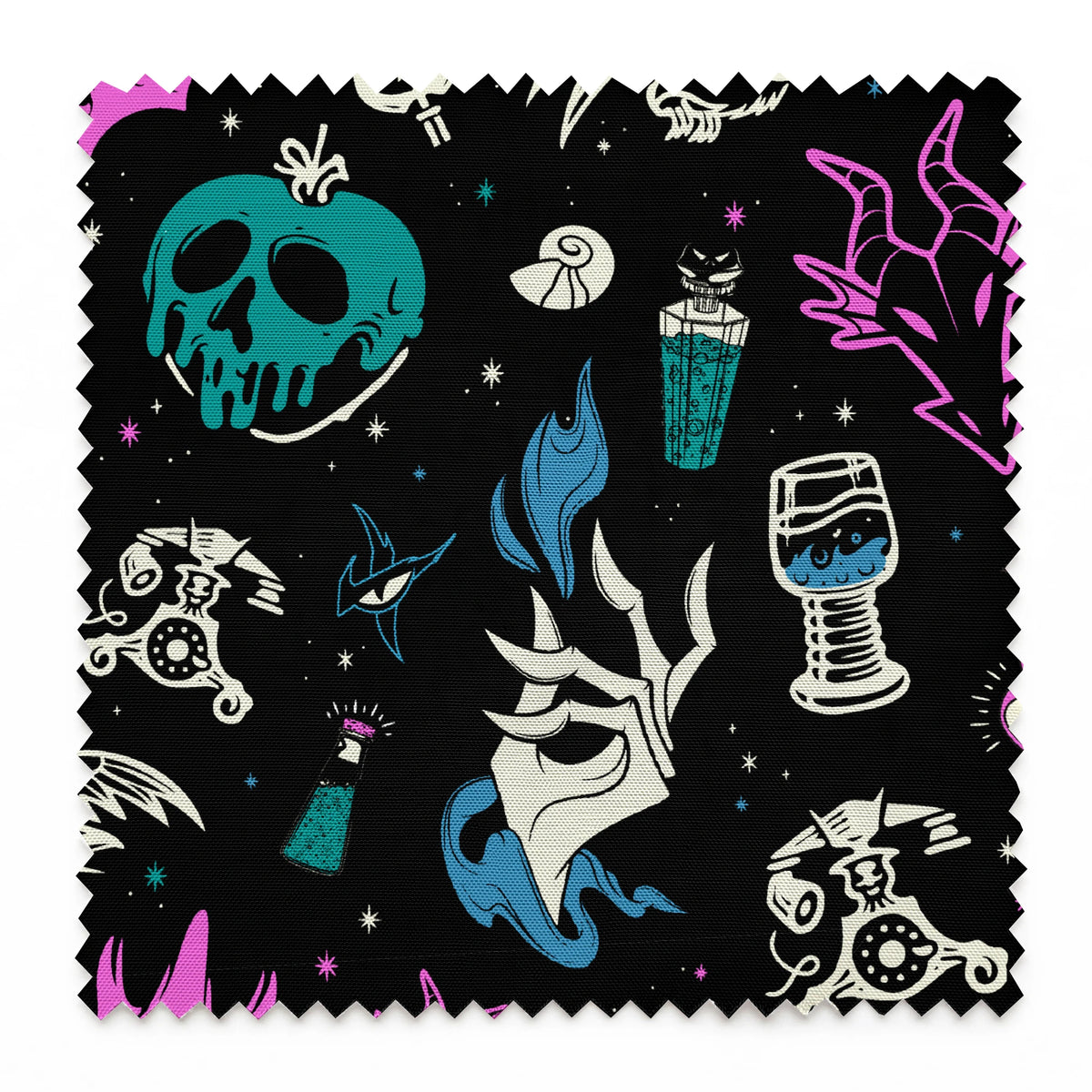 Gothic pattern with Disney villain-inspired icons like skulls, potions, and flames in teal, purple, and blue on black background. springs swatch pinked