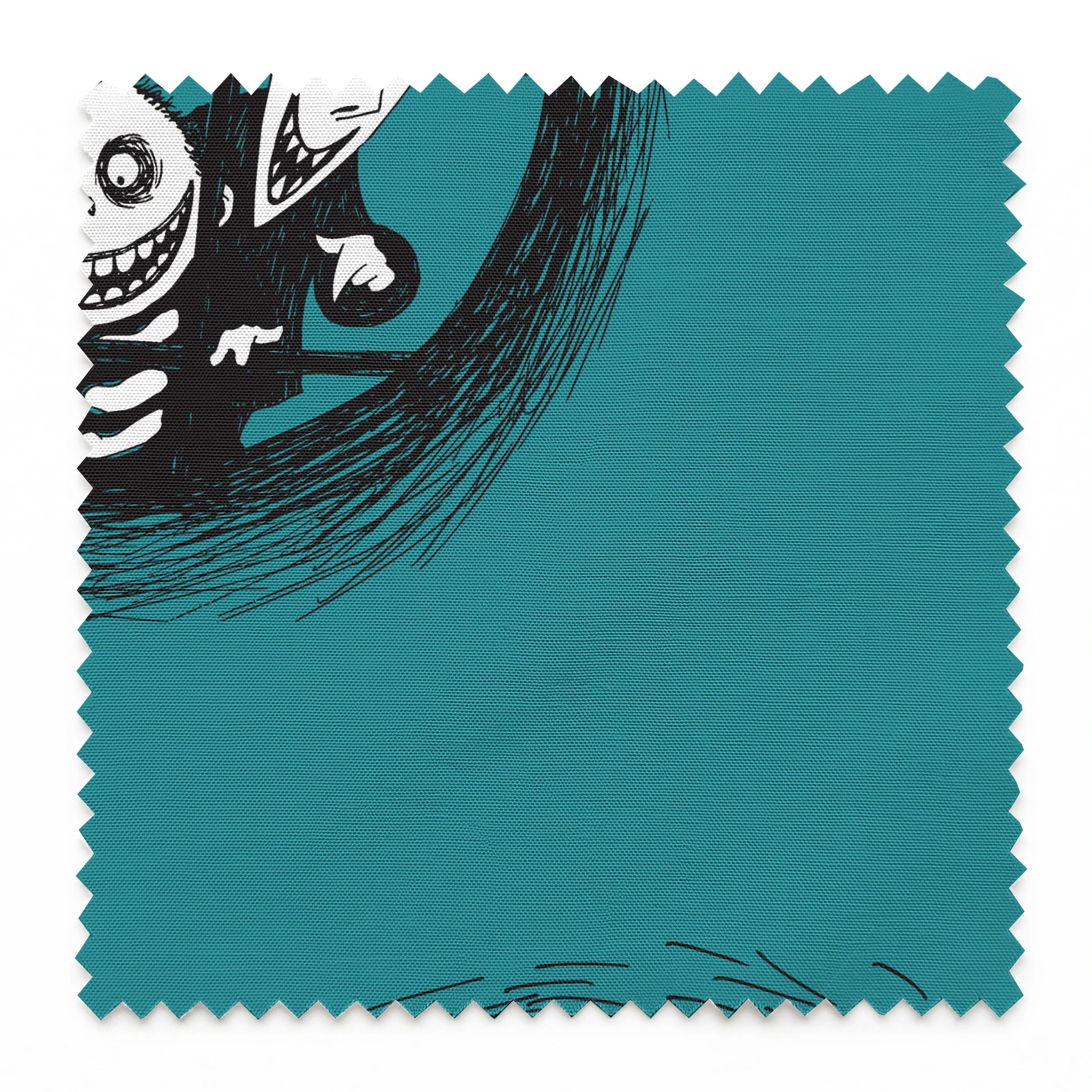 Teal patterned design with The Nightmare Before Christmas characters in circular frames, featuring round-headed characters in formal attire. springs swatch pinked