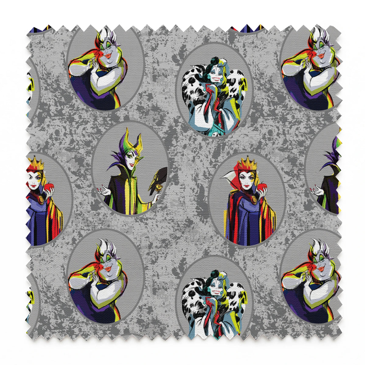 Disney villain characters in oval portraits on gray marbled background, including Ursula, Maleficent, Cruella, and Evil Queen springs swatch pinked