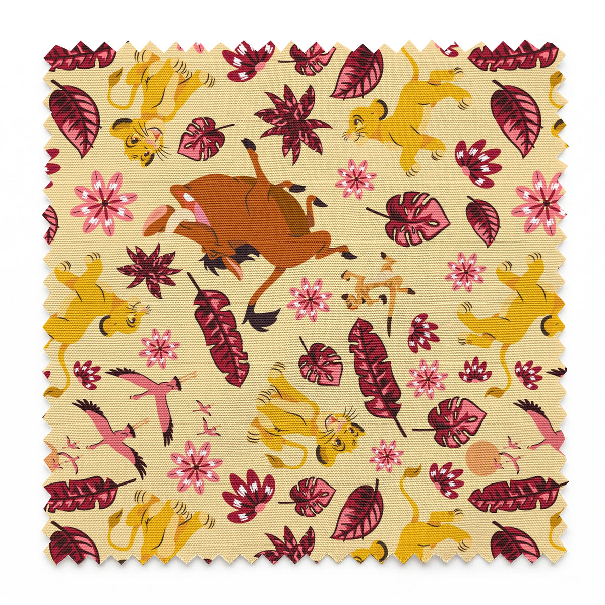 Decorative pattern with lions, gazelles, and boars in yellows and browns among maroon leaves and pink flowers springs swatch pinked