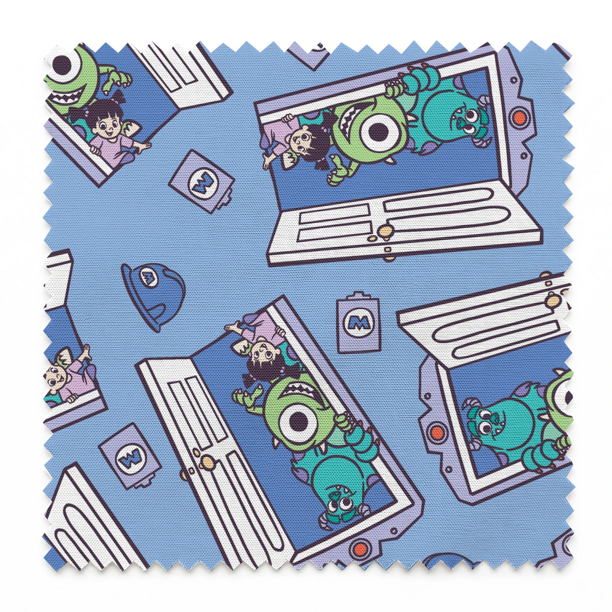 Monsters Inc characters Mike and Sully peeking through doorways on blue background pattern springs swatch pinked