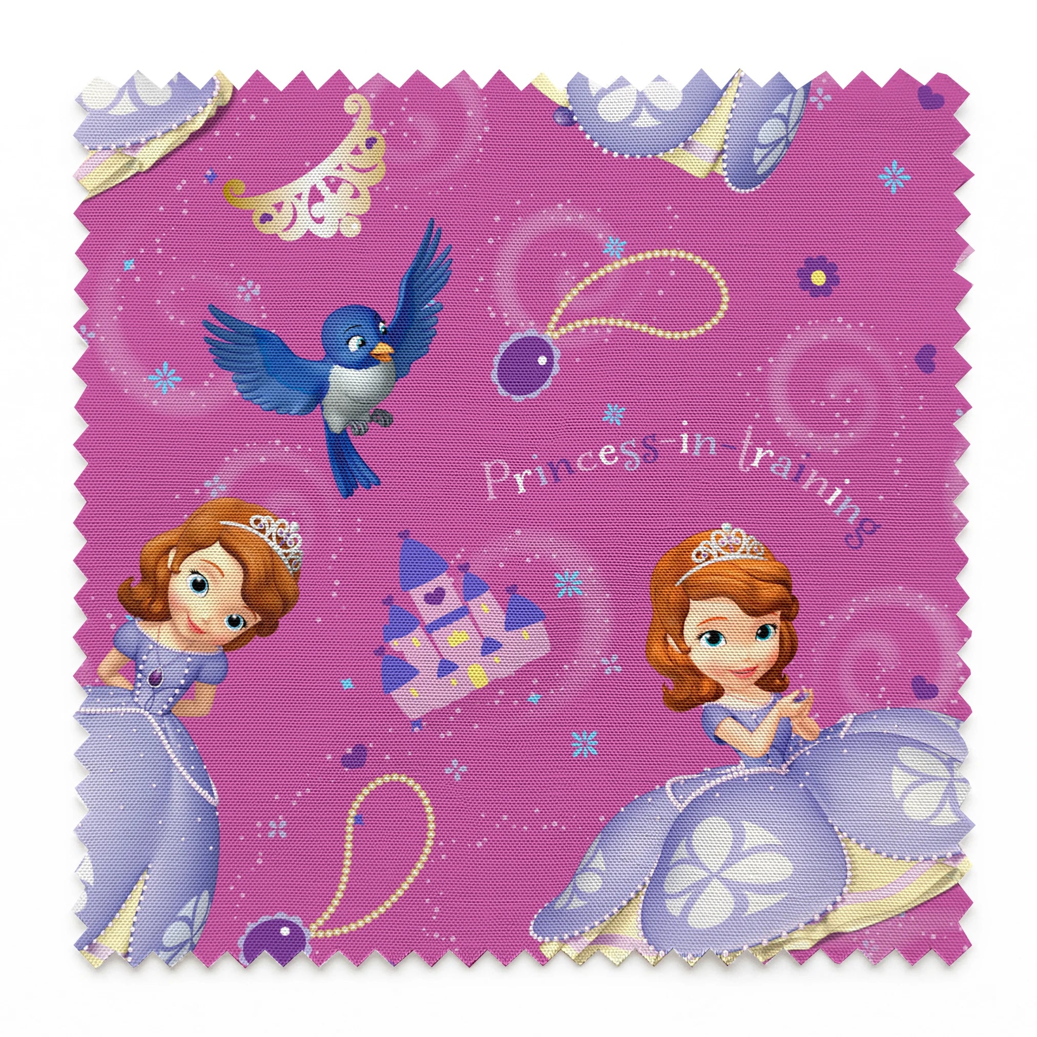 Princess Sofia pattern with purple background, crowns, castles, rabbits, and blue birds scattered among swirling designs springs swatch pinked