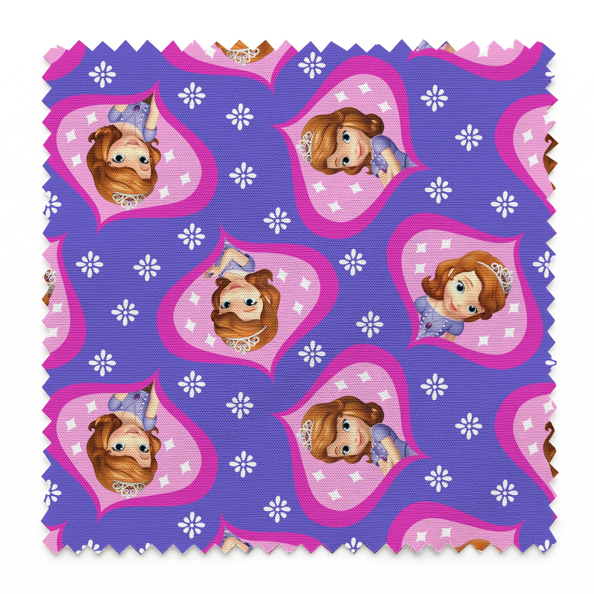 Sofia the First in pink frames pattern with white accents on purple background springs swatch pinked