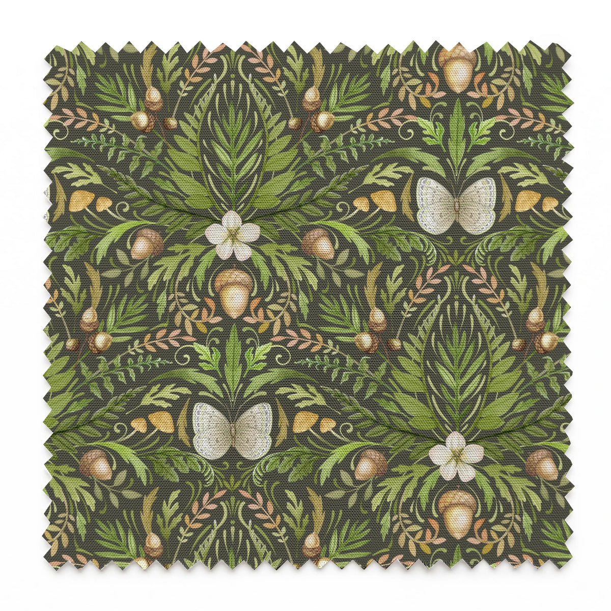 Symmetrical botanical pattern with green foliage, white flowers, and brown accents on dark background springs swatch pinked