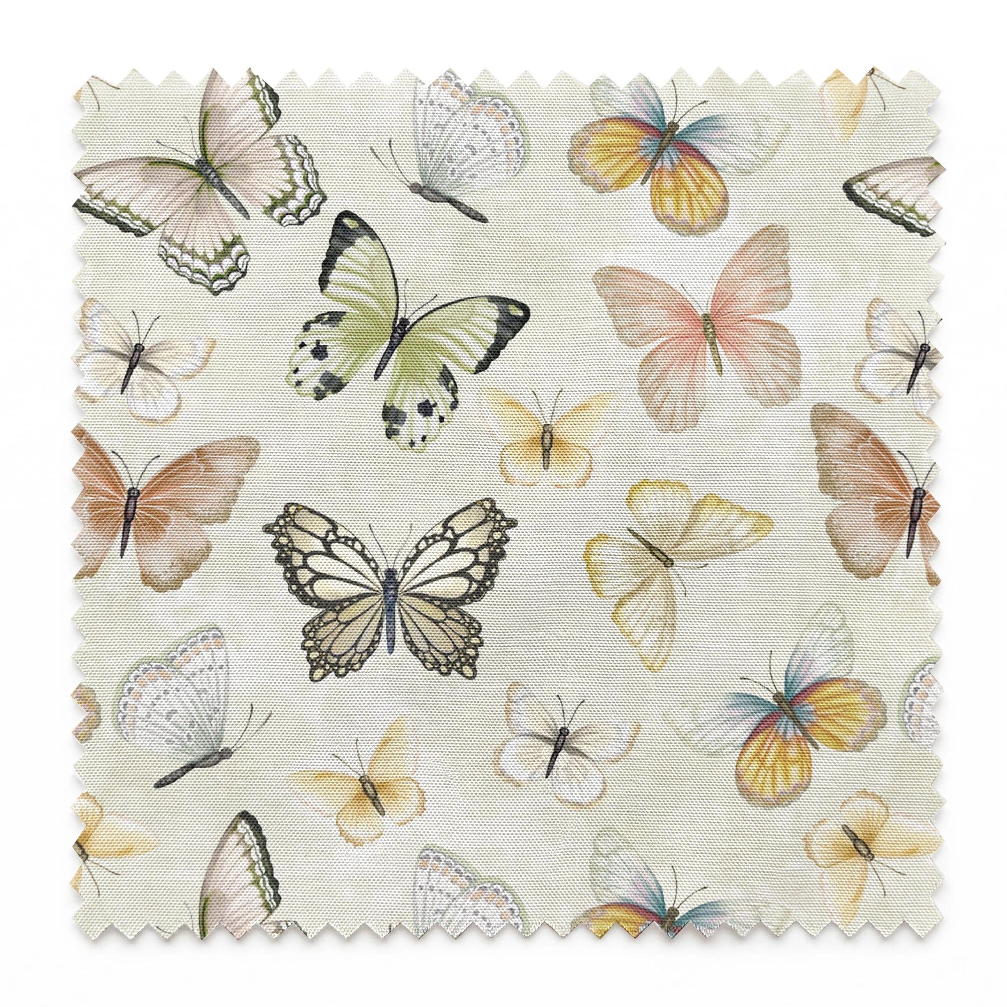 Hand-illustrated pastel butterflies in pink, blue, yellow, and sage on a cream background in a botanical-style Nicole Tamarin design. springs swatch pinked