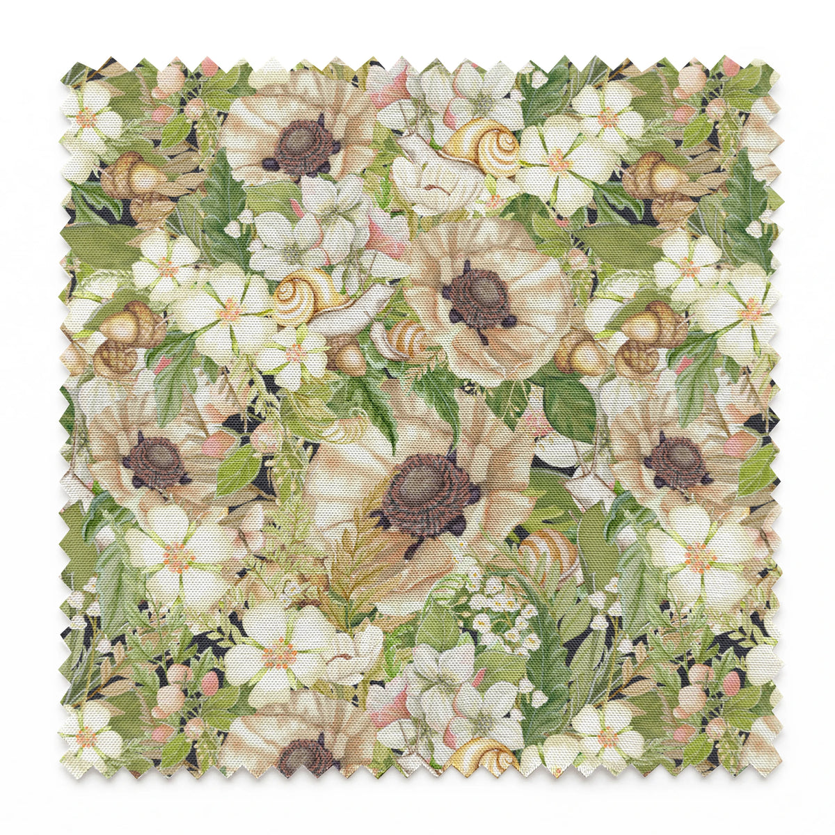 Botanical pattern by Nicole Tamarin featuring cream poppies, snails, acorns, and soft green leaves in an earthy woodland layout. springs swatch pinked