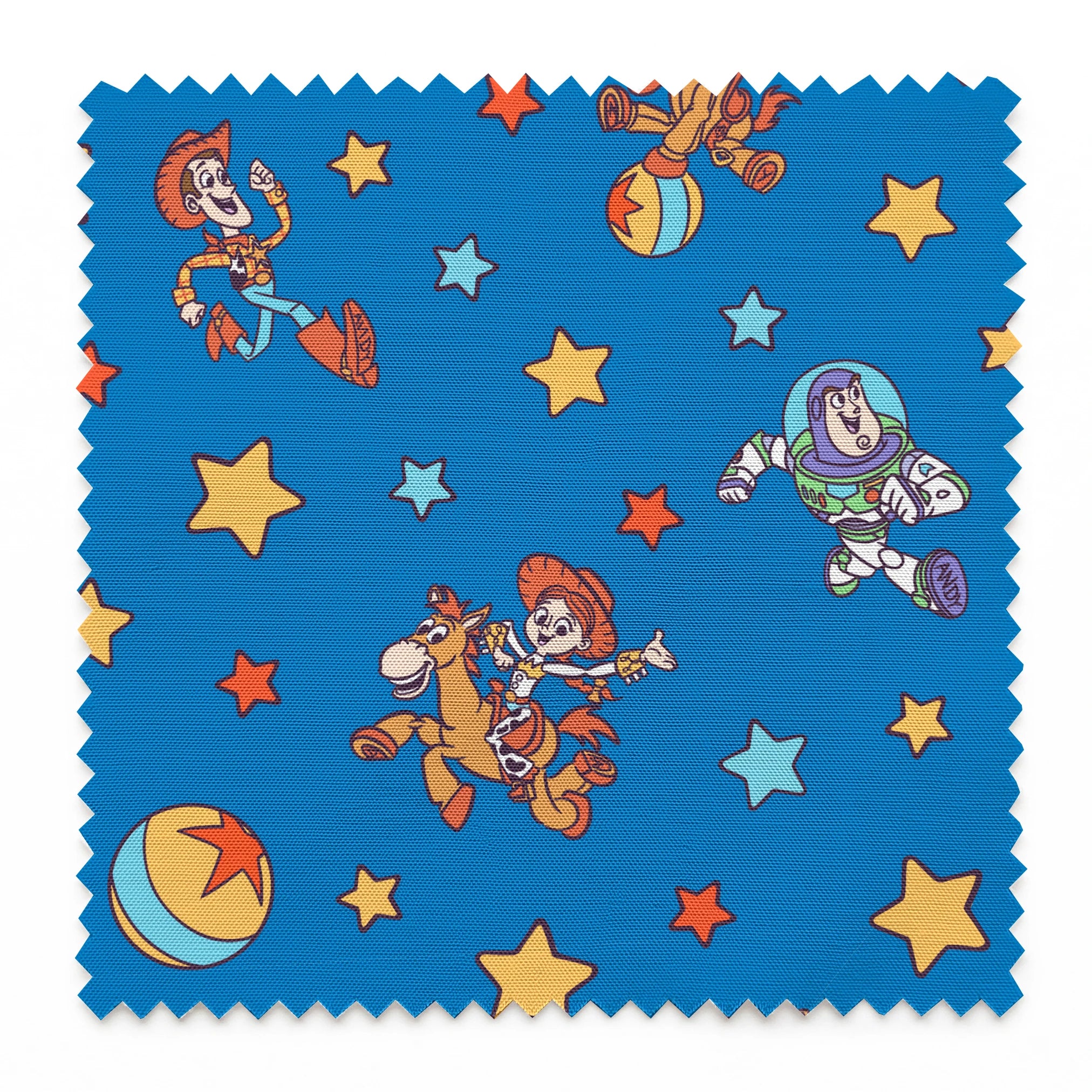 Toy Story characters floating in space pattern with stars on blue background springs swatch pinked