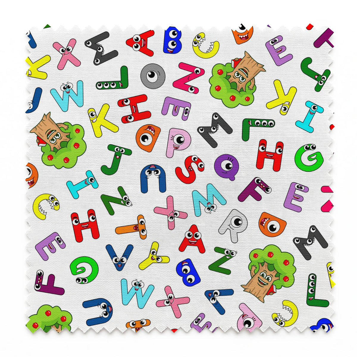 Colorful cartoon alphabet letters scattered randomly on white background with small monster characters springs swatch pinked