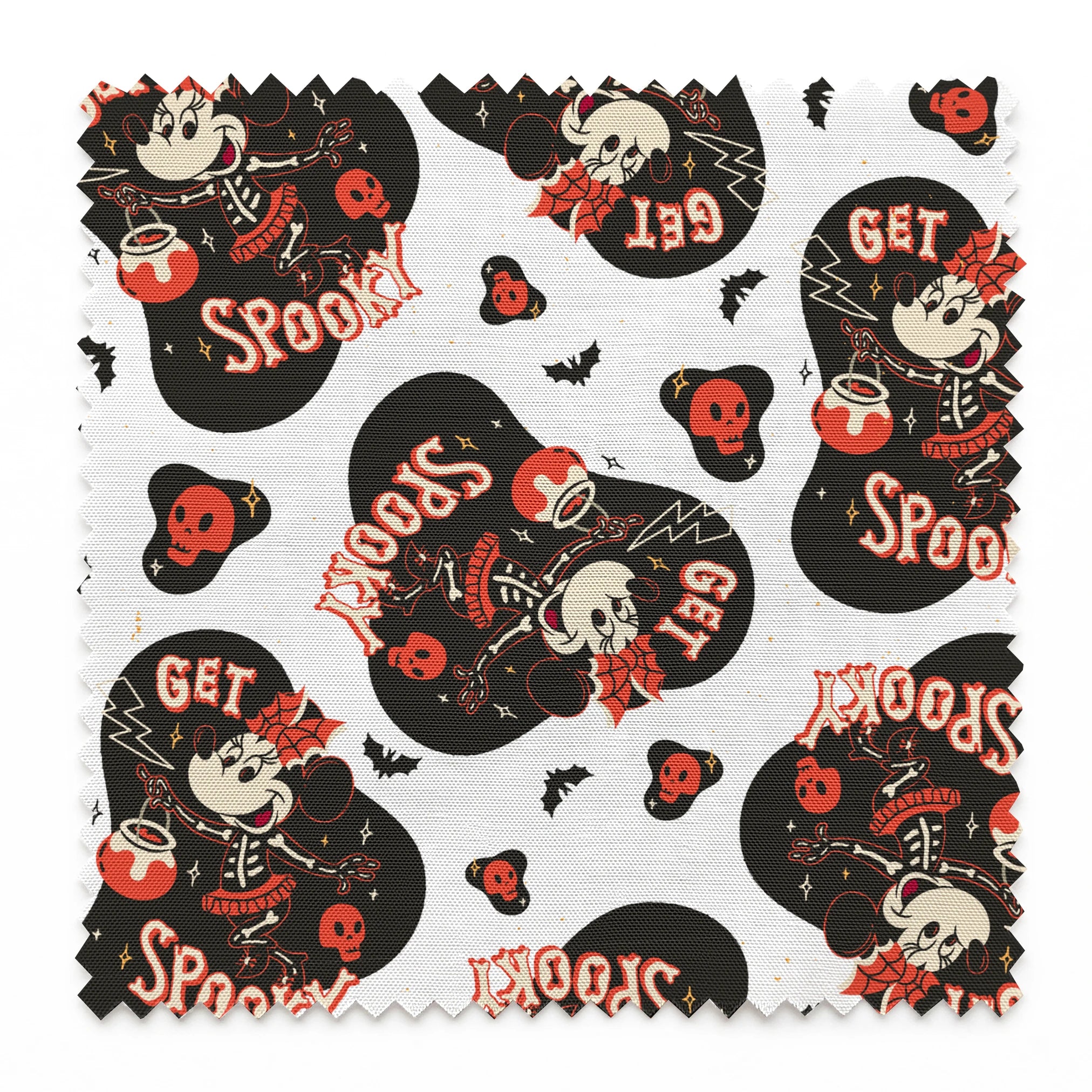 Halloween pattern with Minnie Mouse shapes, "Get Spooky" text, skulls, bats, and hearts on white background springs swatch pinked