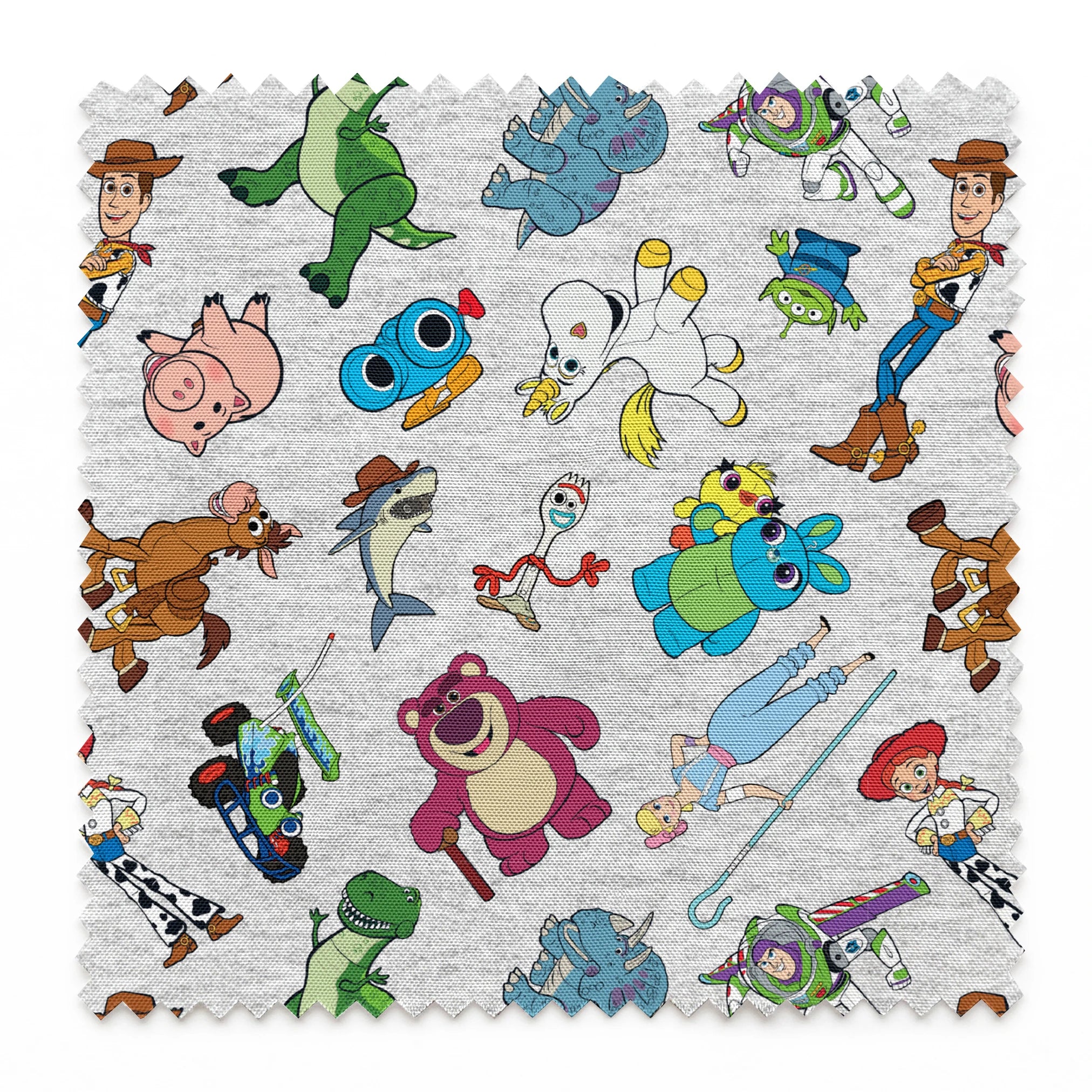 Colorful pattern of various animated Toy Story characters on a light speckled background springs swatch pinked