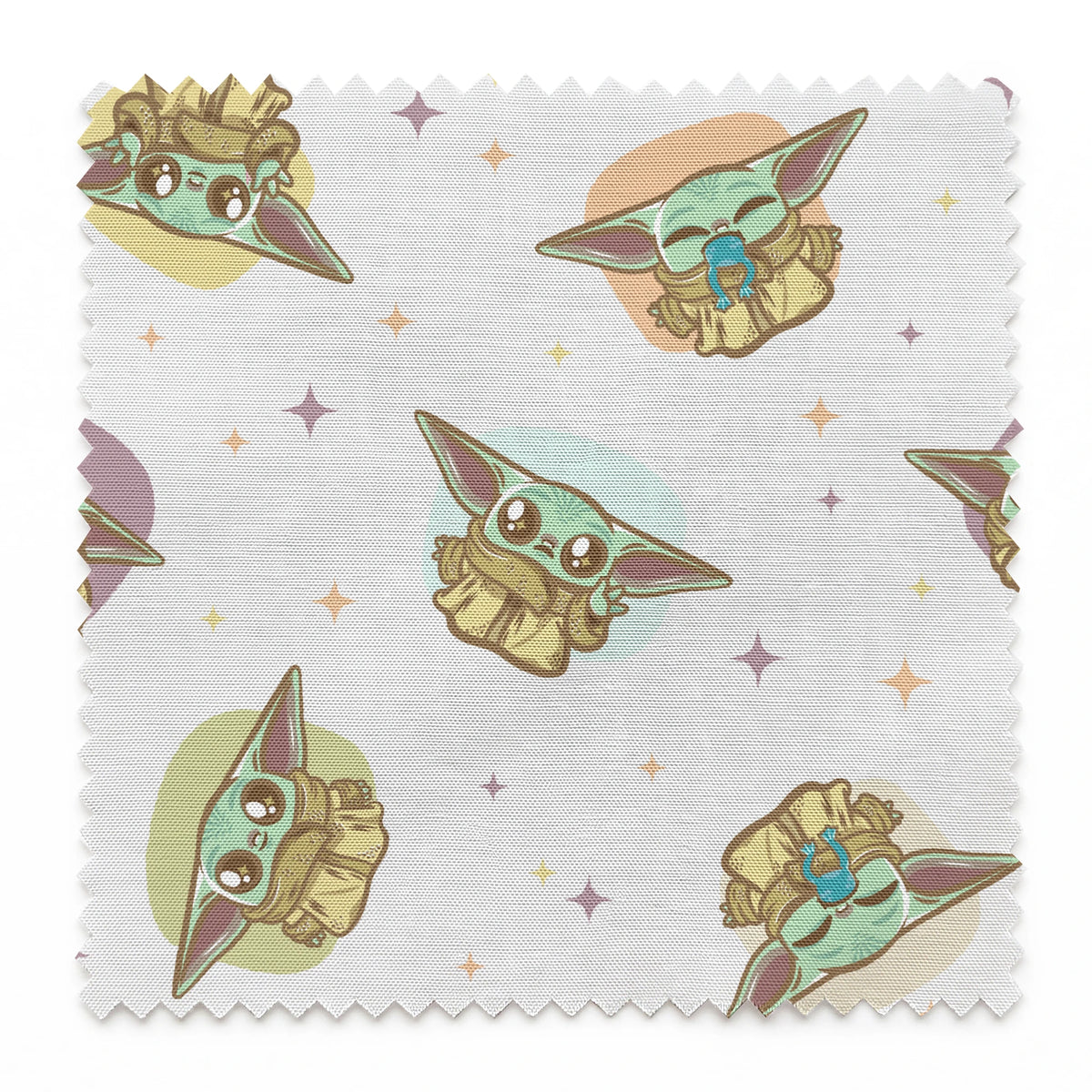 Cute cartoon characters in floating pods with big ears against a starry background, pastel colors springs swatch pinked