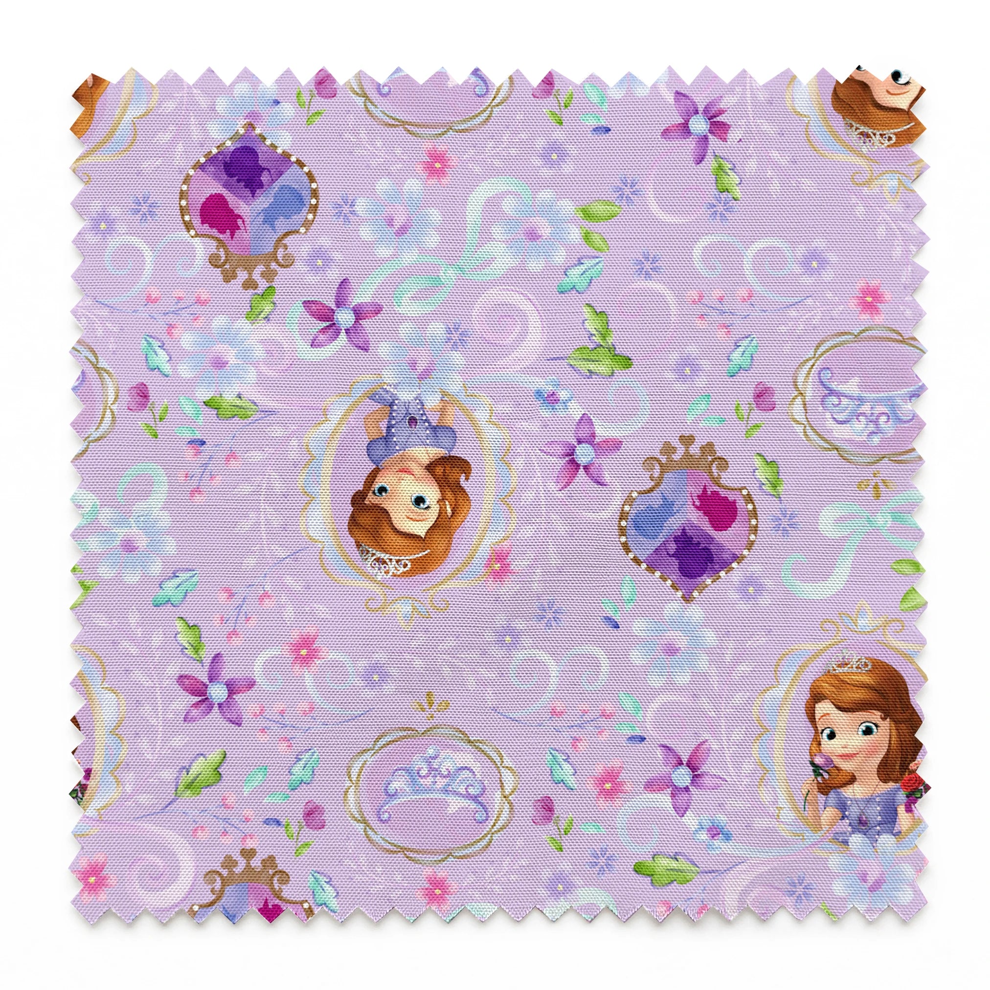 Princess Sofia pattern with purple flowers and swirls on lavender background springs swatch pinked