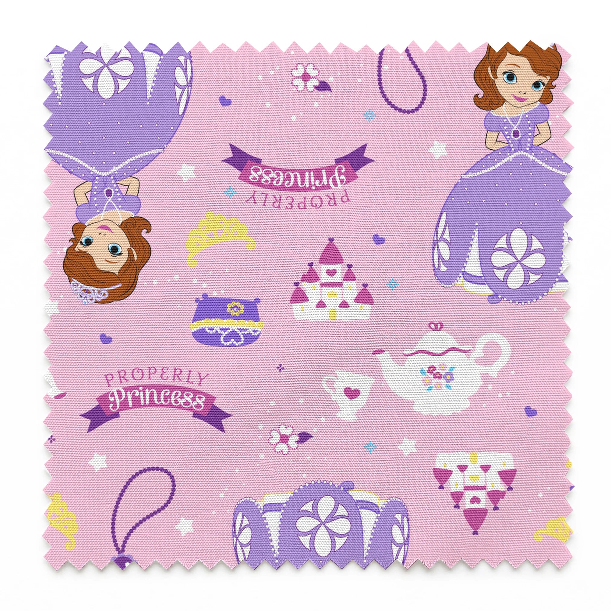 Princess-themed pattern with purple dresses, tiaras, teapots, and banners on pink background springs swatch pinked