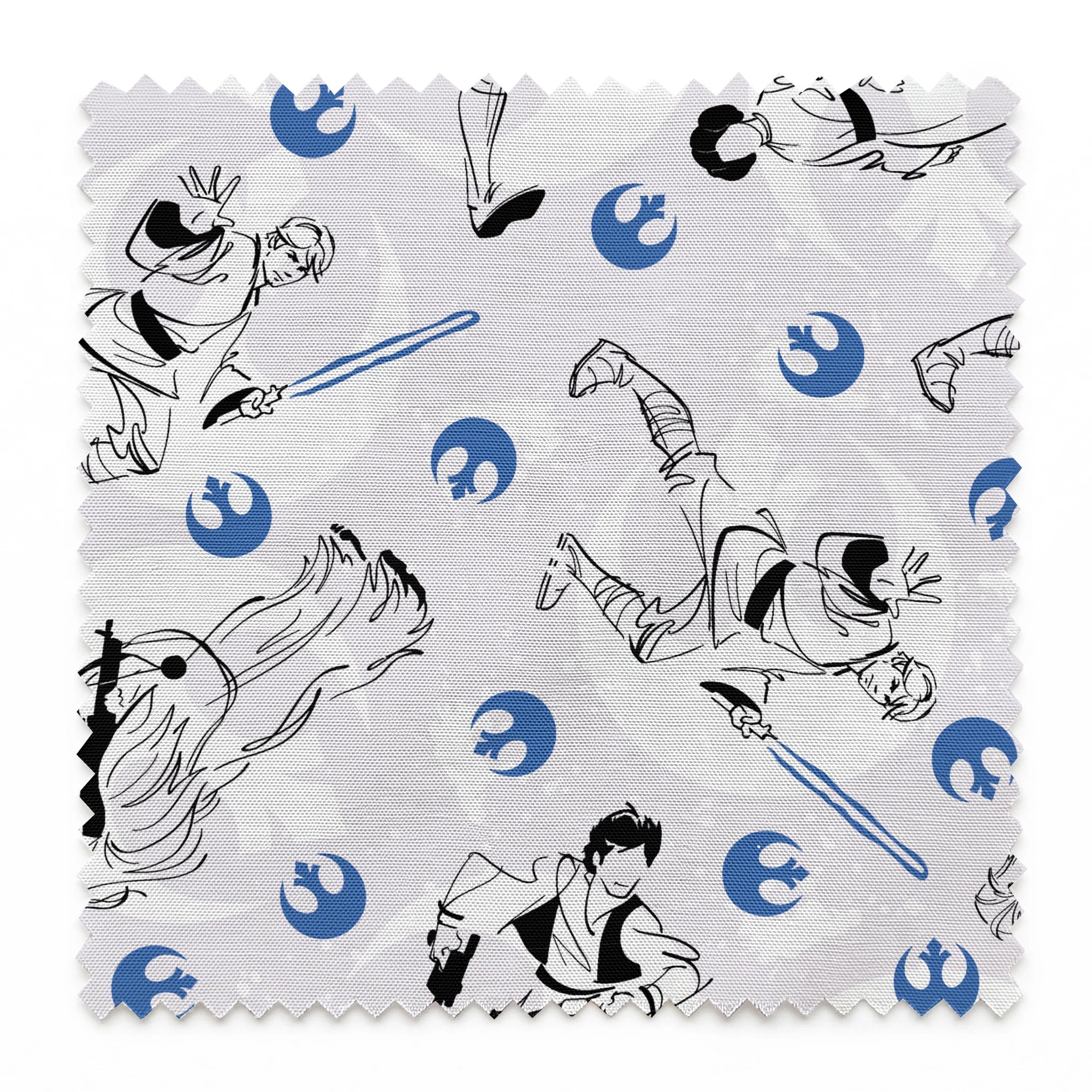 Star Wars characters with lightsabers pattern featuring Rebel Alliance logos on light background springs swatch pinked