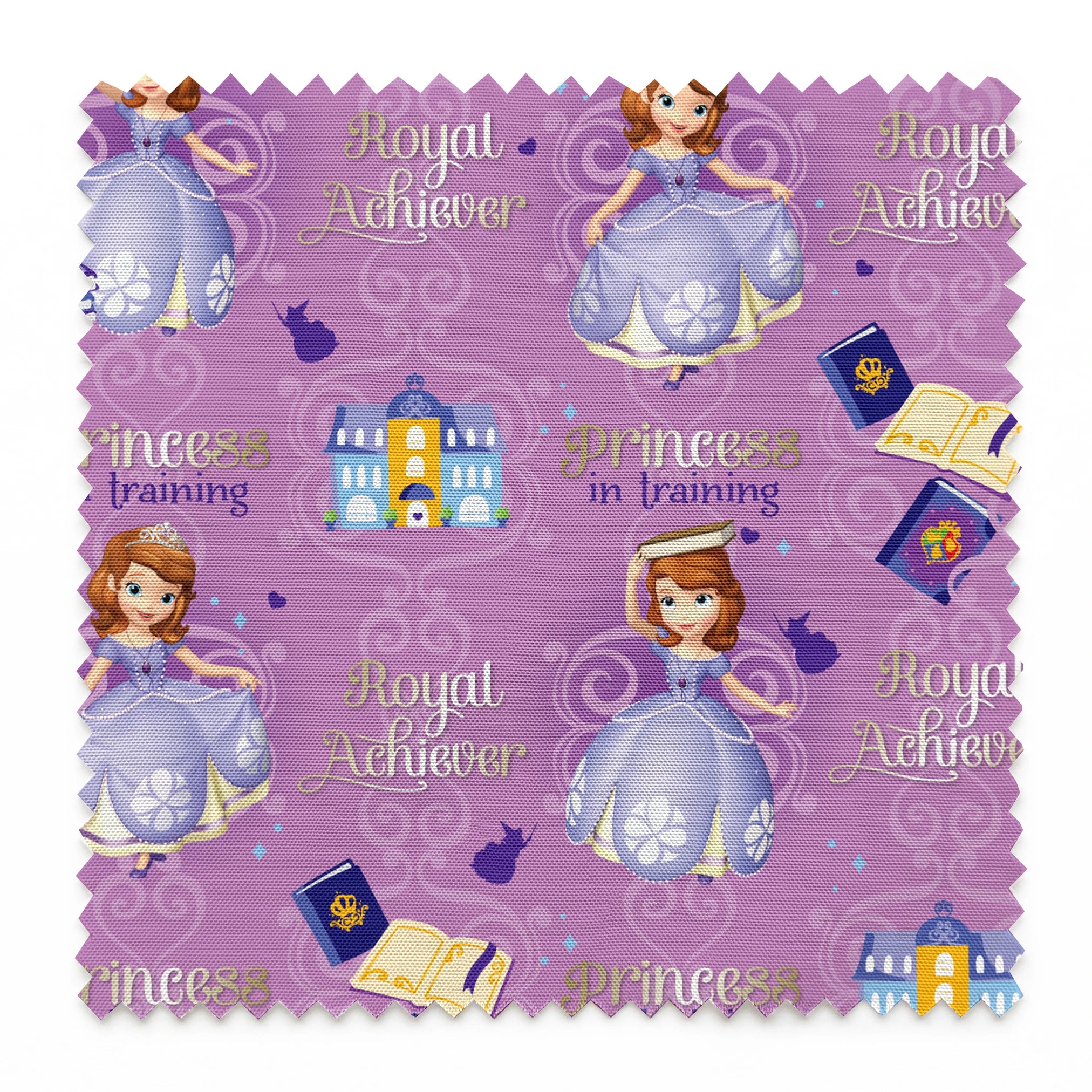 Princess Sofia pattern with "Royal Achiever" and "Princess in Training" text, purple background with castles and books springs swatch pinked