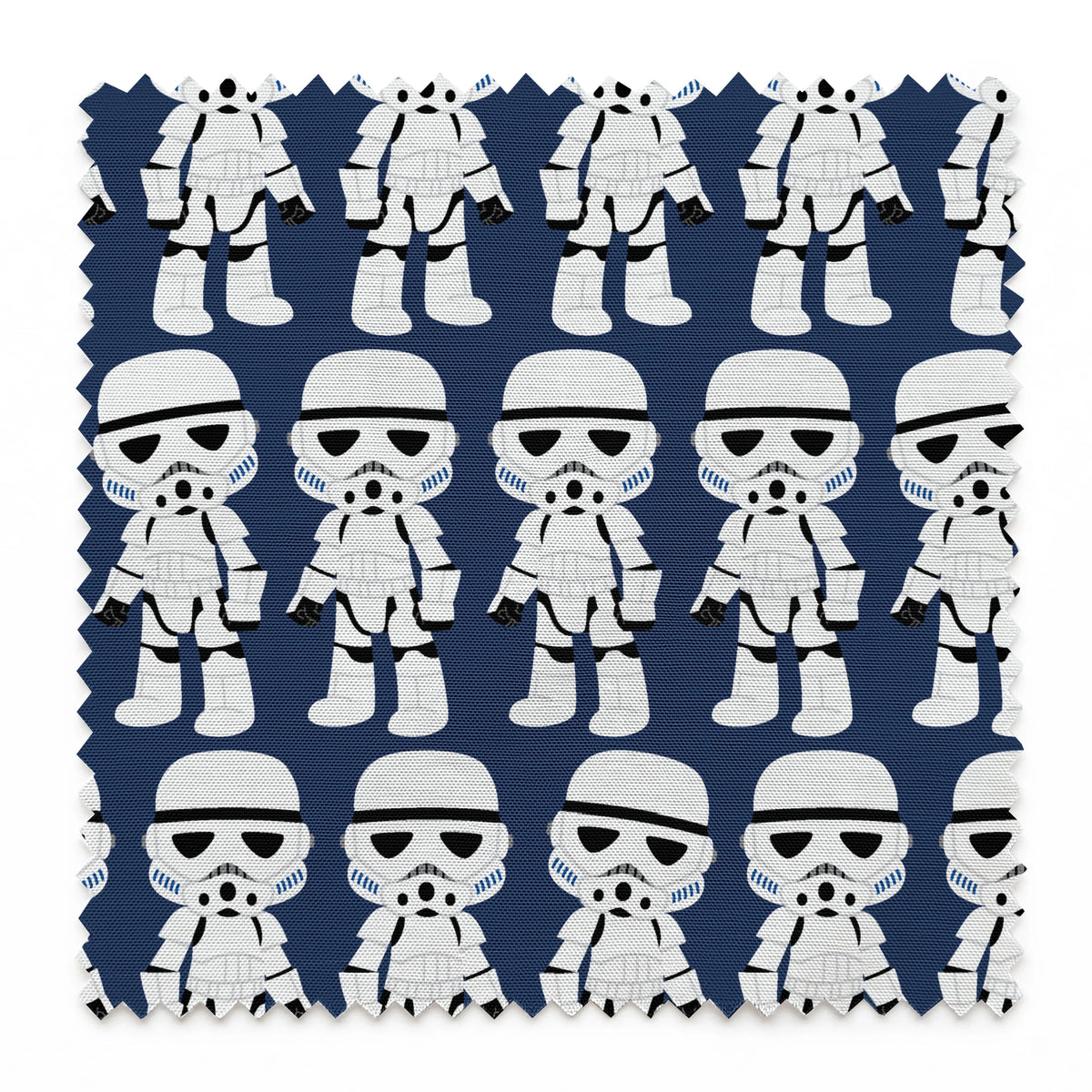 Repeated pattern of cartoon Stormtrooper characters in white armor against dark blue background springs swatch pinked