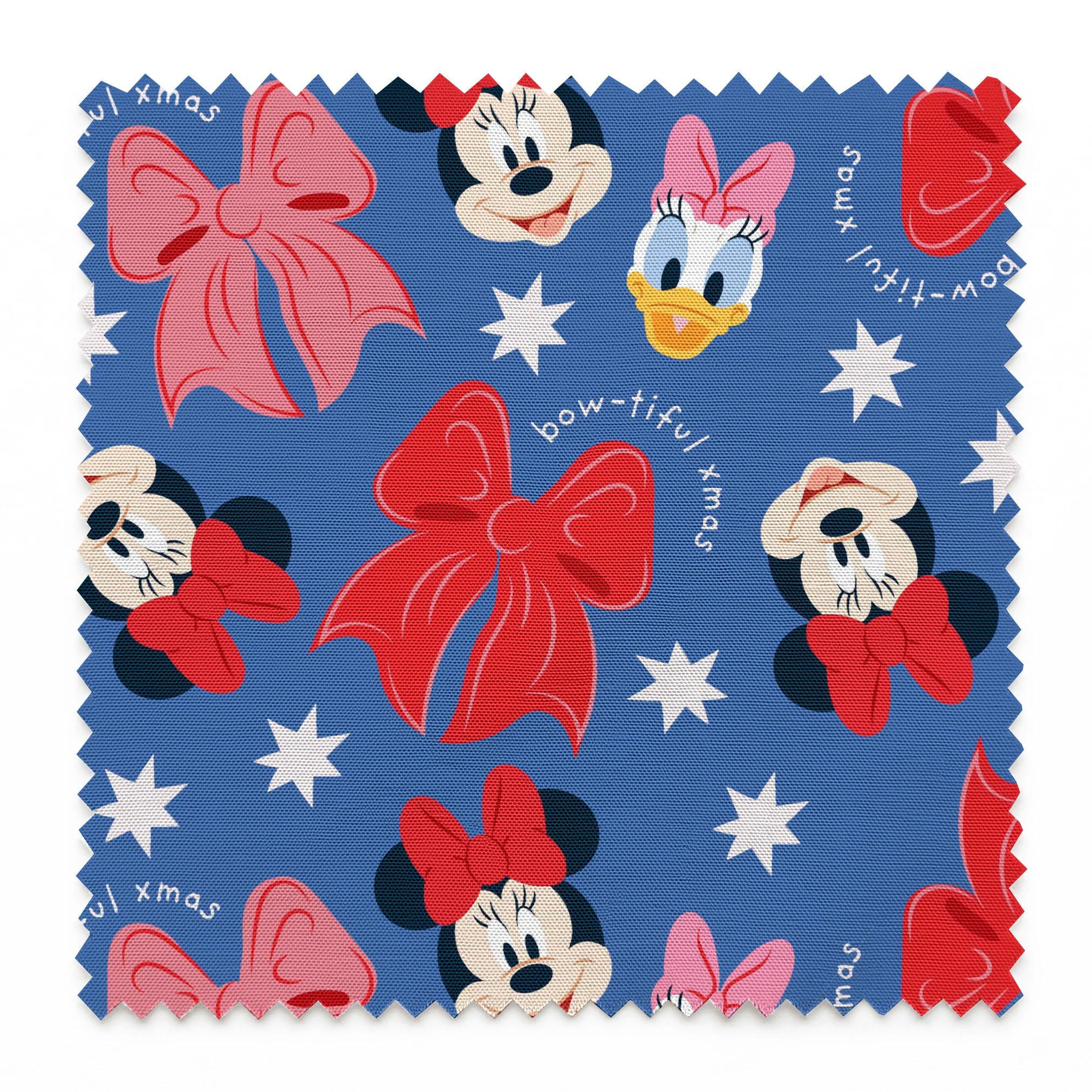 Disney character pattern with Minnie Mouse, Daisy Duck, and pink/red bows on blue background with white stars springs swatch pinked