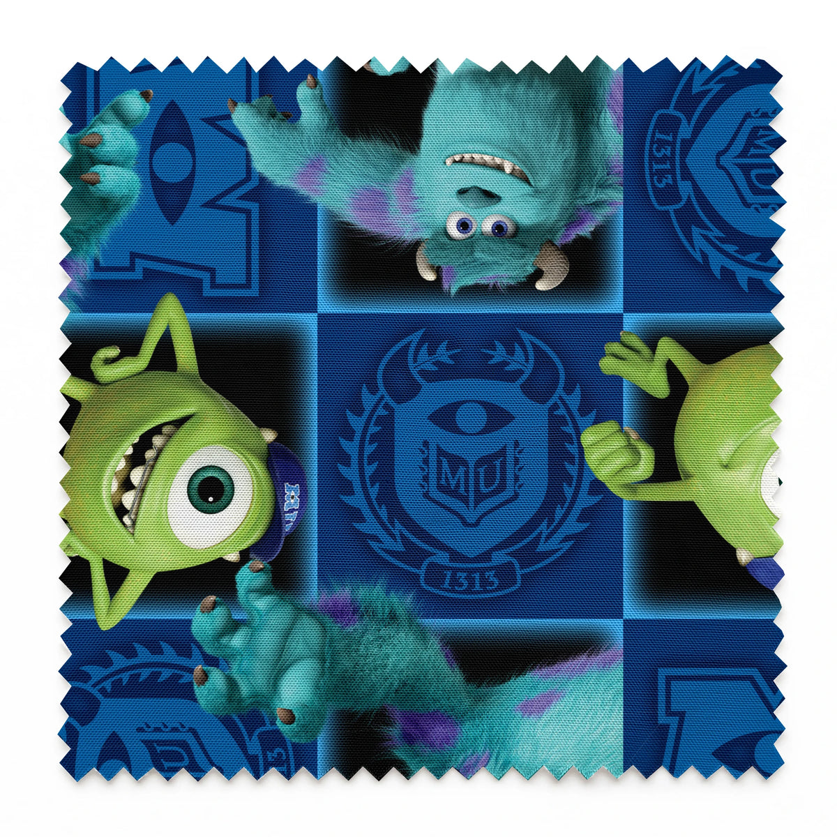 Monsters Inc characters pattern with Mike and Sulley on blue background with logos and emblems springs swatch pinked