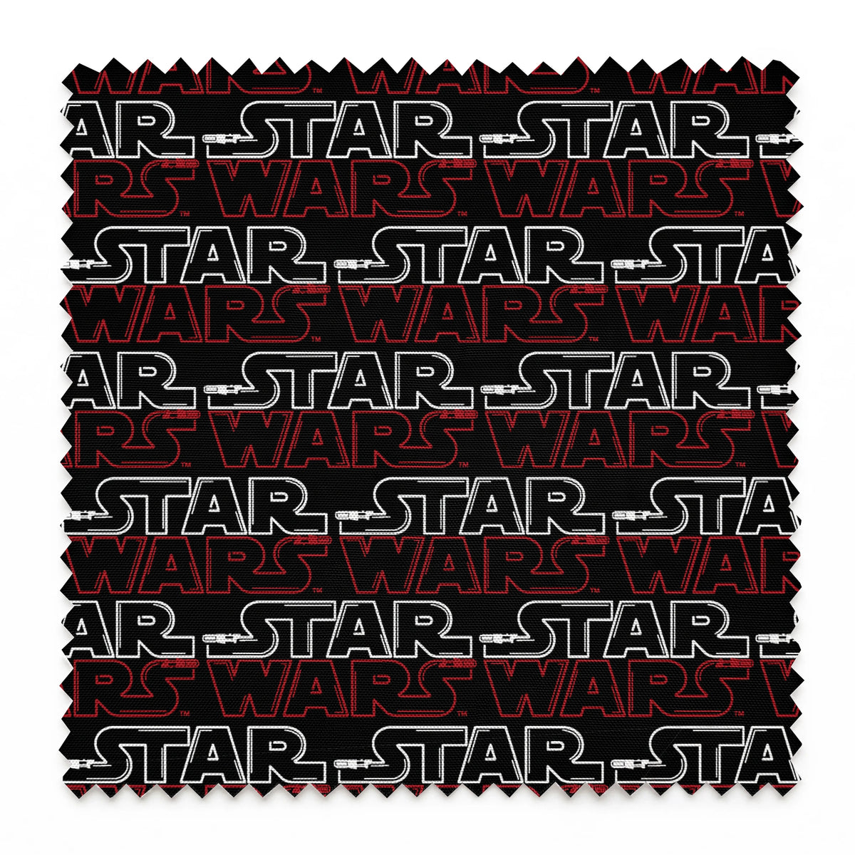 Star Wars logo pattern with white "STAR" and red "WARS" text repeating on black background springs swatch pinked