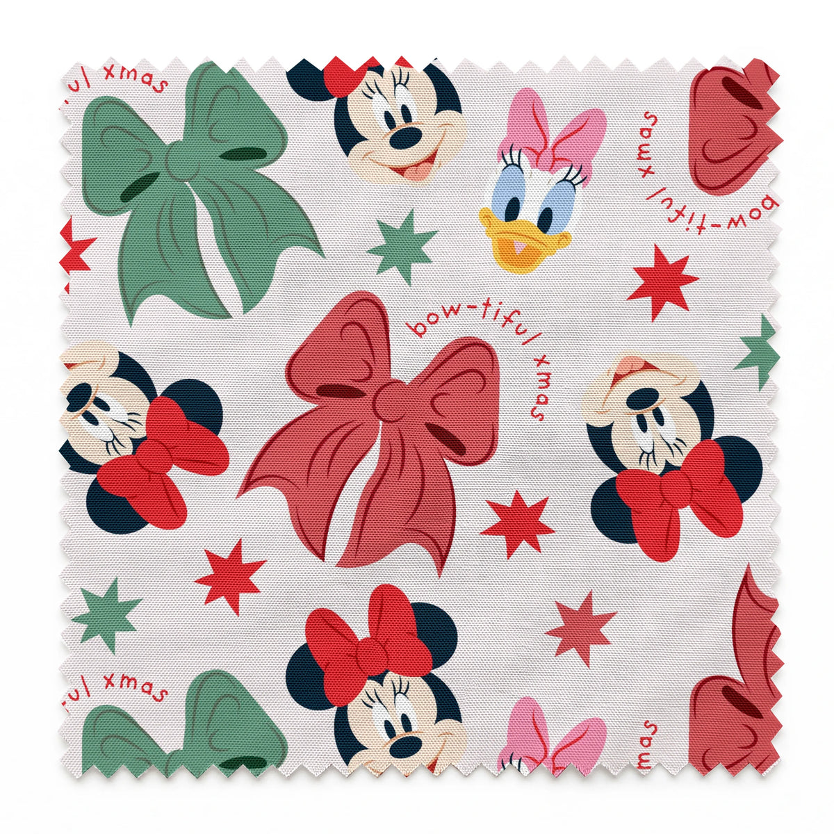 Disney pattern with Minnie Mouse and Daisy Duck characters, green and red bows, and green stars on light background. springs swatch pinked