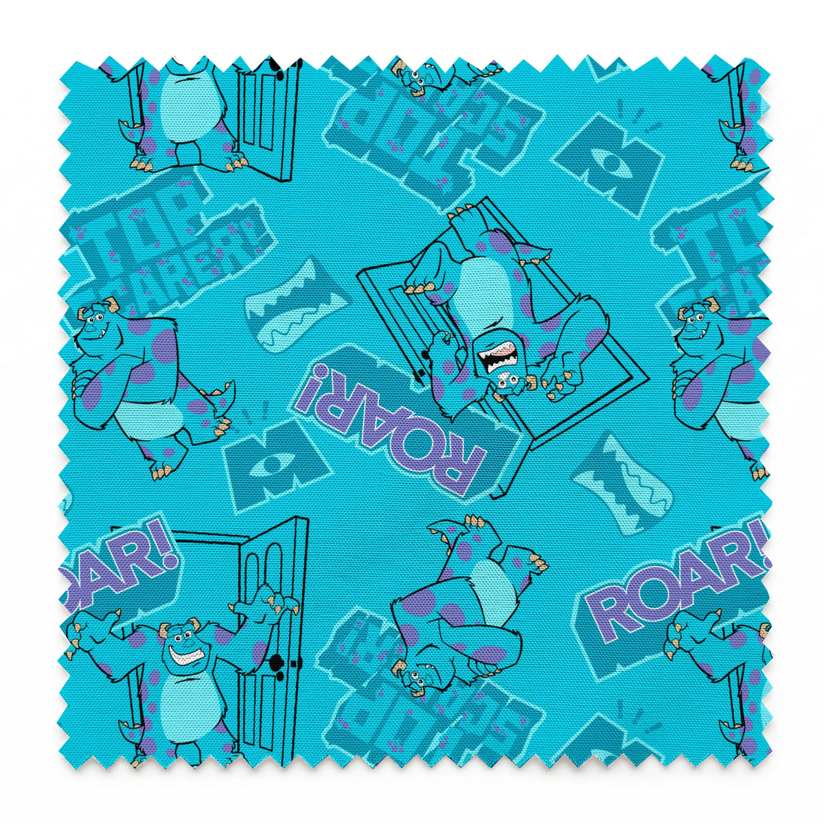 Monsters Inc's Sulley with "Roar" text and doorway motifs from movie springs swatch pinked