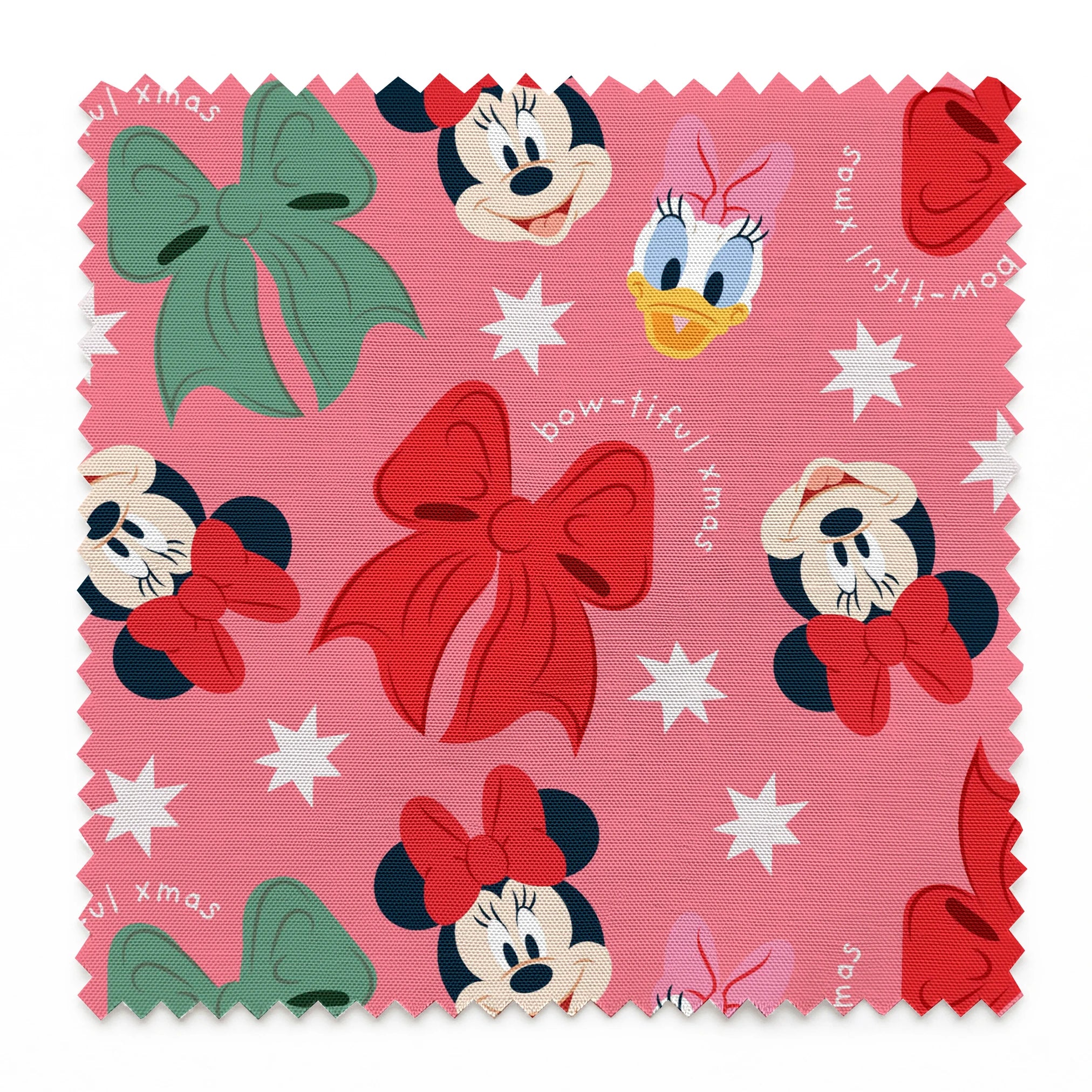Disney character pattern with Mickey and Minnie Mouse, Donald Duck, bows in red and green on pink background with white stars springs swatch pinked