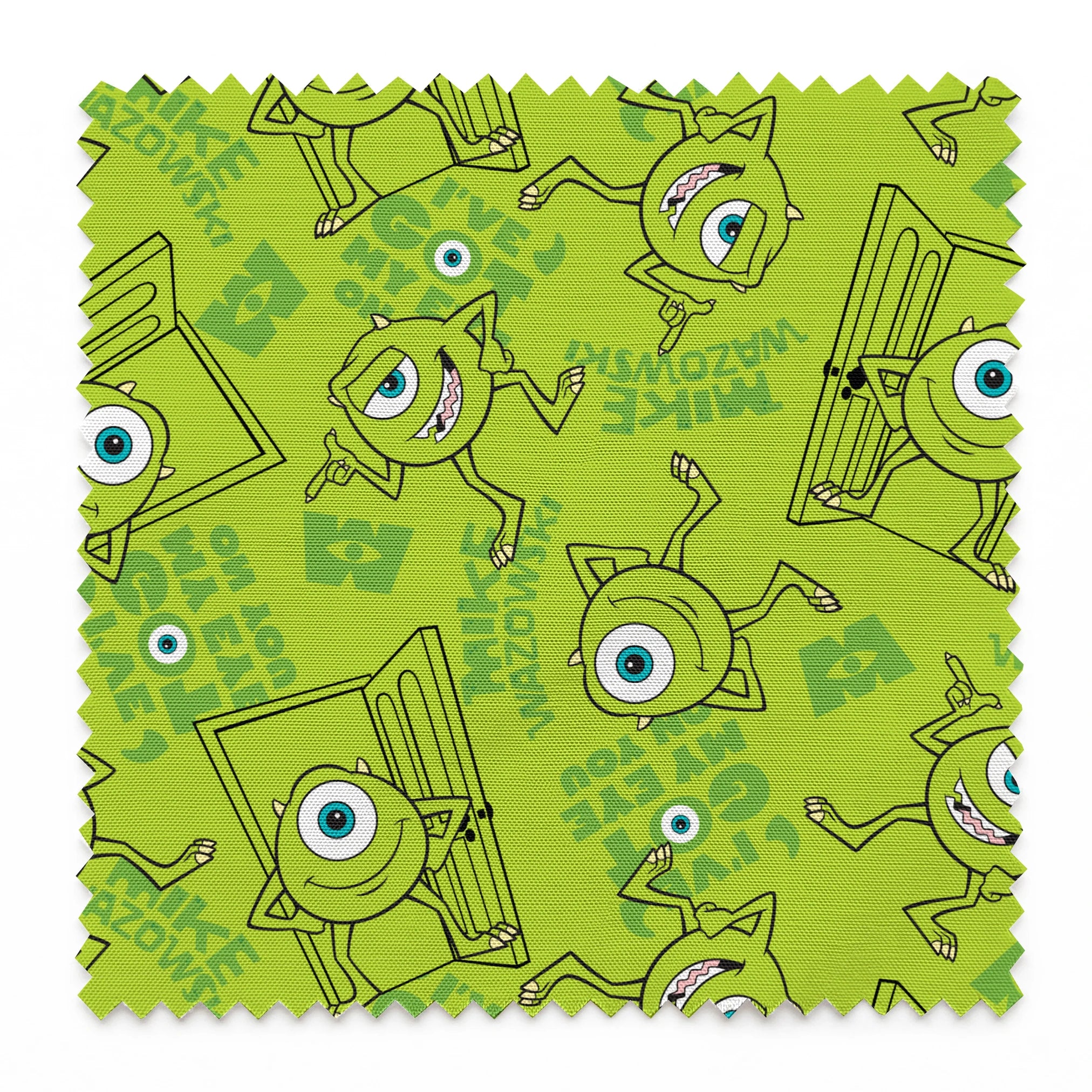 Green background with repeating Mike Wazowski in black outlines. springs swatch pinked