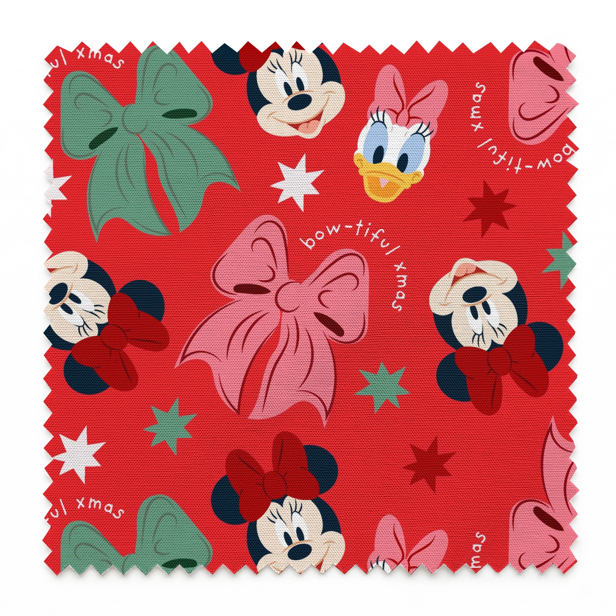 Disney character pattern with Minnie Mouse, Mickey Mouse and Donald Duck on red background with bows and stars springs swatch pinked