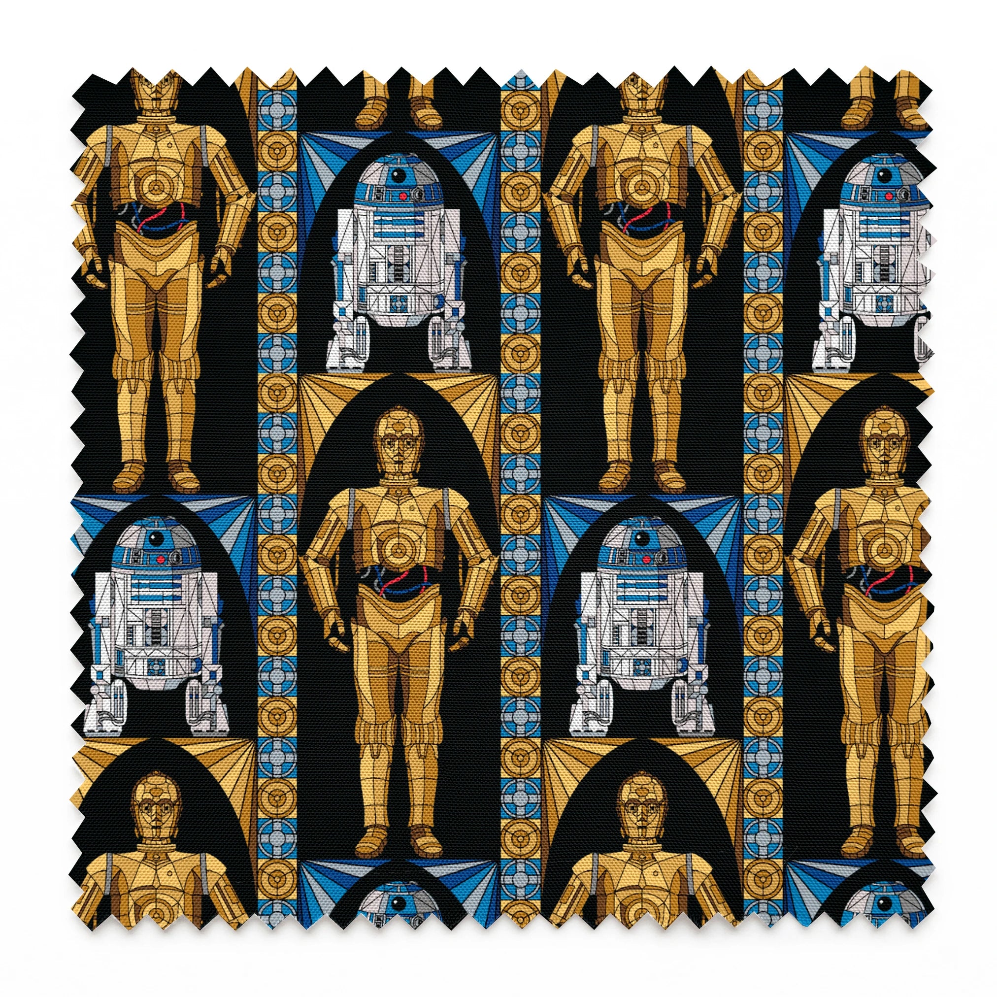 Repeating pattern of golden droid and blue-white astromech droid characters from Star Wars on black background with decorative borders springs swatch pinked