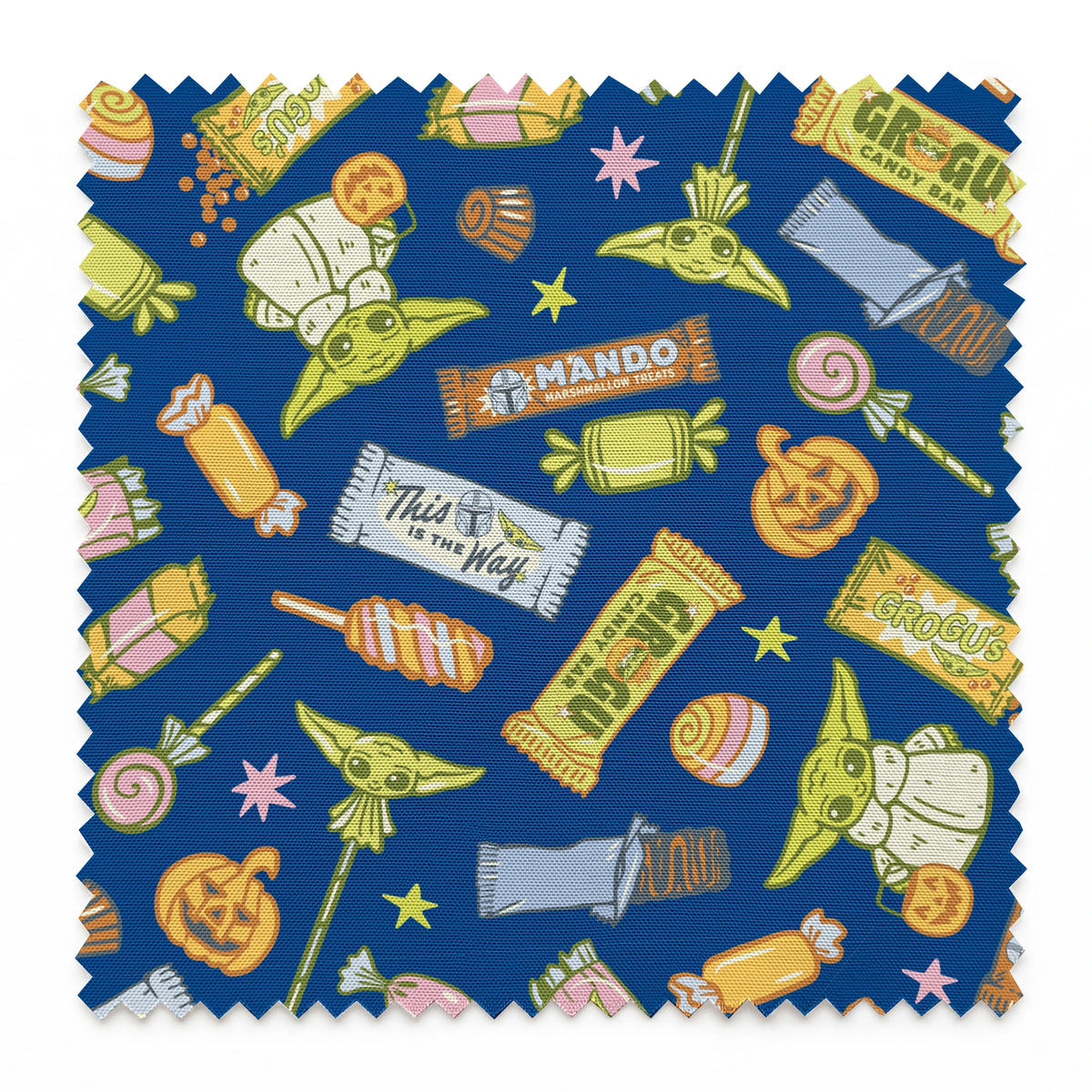 Colorful candy pattern with wrapped sweets, lollipops, and treats on dark blue background springs swatch pinked