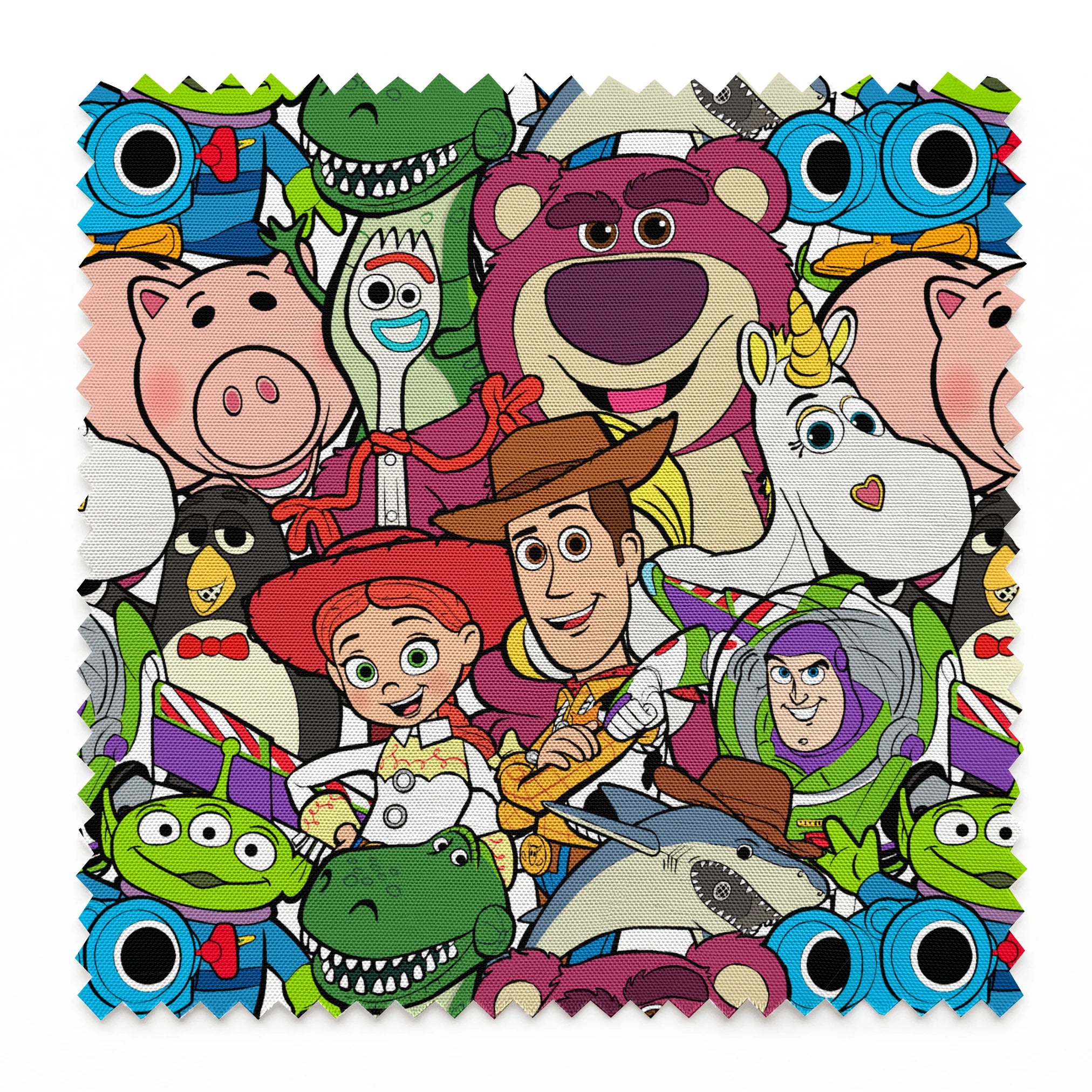 Colorful collage of Pixar and Disney animated characters including Toy Story, Monsters Inc, and other iconic cartoon figures springs swatch pinked