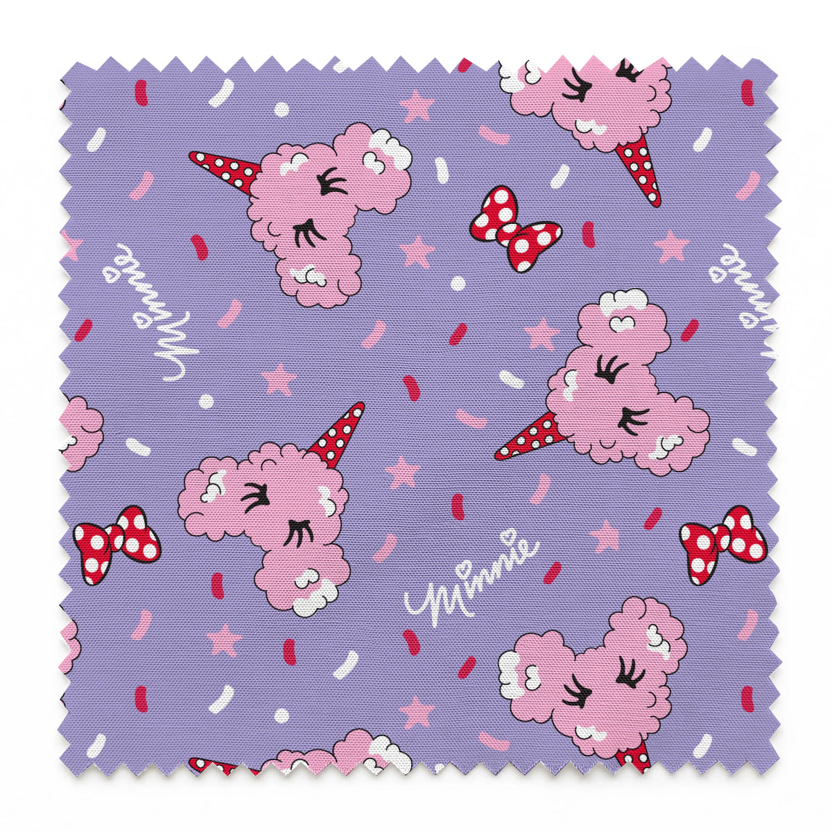 Pink Disney-inspired cotton candy and bows on purple background with confetti and stars springs swatch pinked