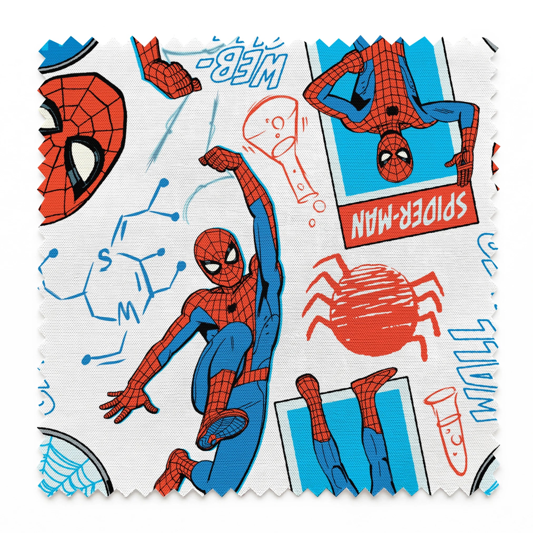 Comic-style Spider-Man pattern with red and blue figures in various poses, spider symbols, and text on white background springs swatch pinked
