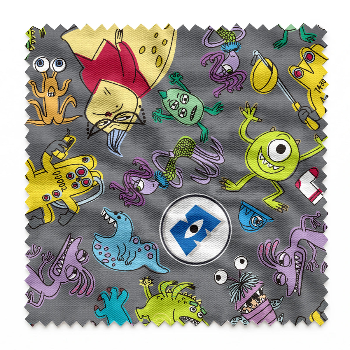 Colorful Monsters Inc pattern with various whimsical creatures in yellow, blue, green, and purple on a gray background. springs swatch pinked