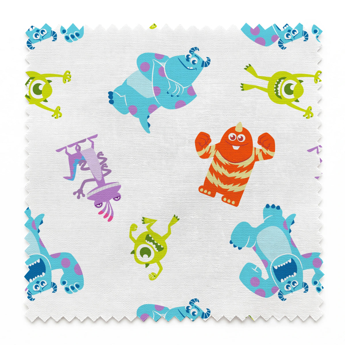 Cartoon monsters pattern with colorful characters - blue, green, purple and orange creatures on white background springs swatch pinked