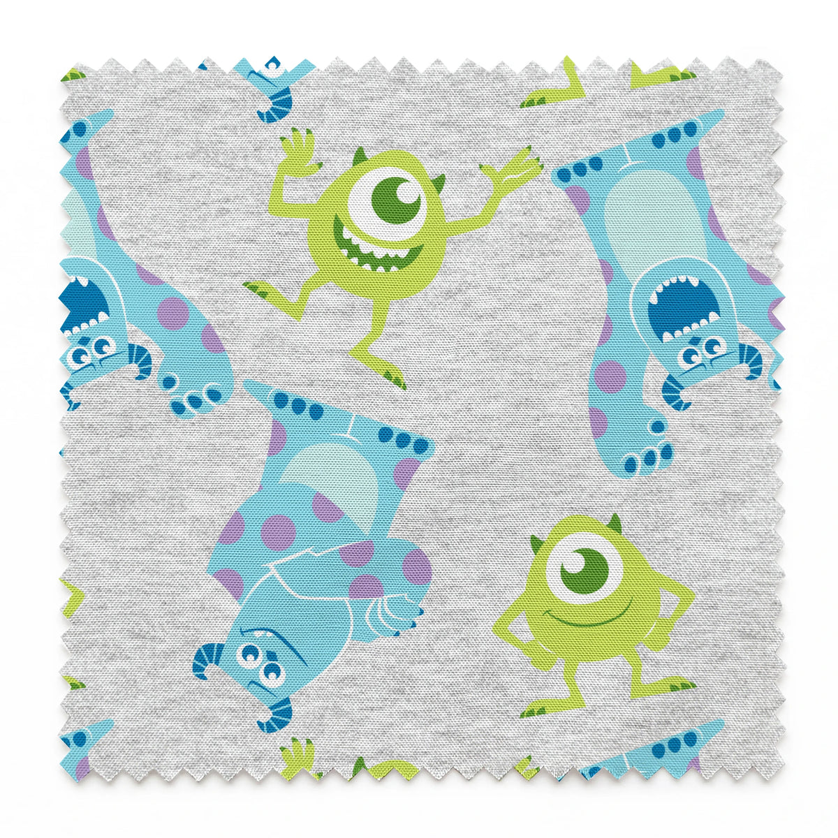 Cartoon pattern of Monsters Inc characters on light gray background springs swatch pinked