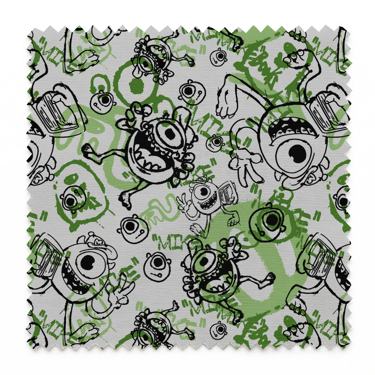 Cartoon monsters doodle pattern in black and green on white background with large eyes and silly expressions springs swatch pinked