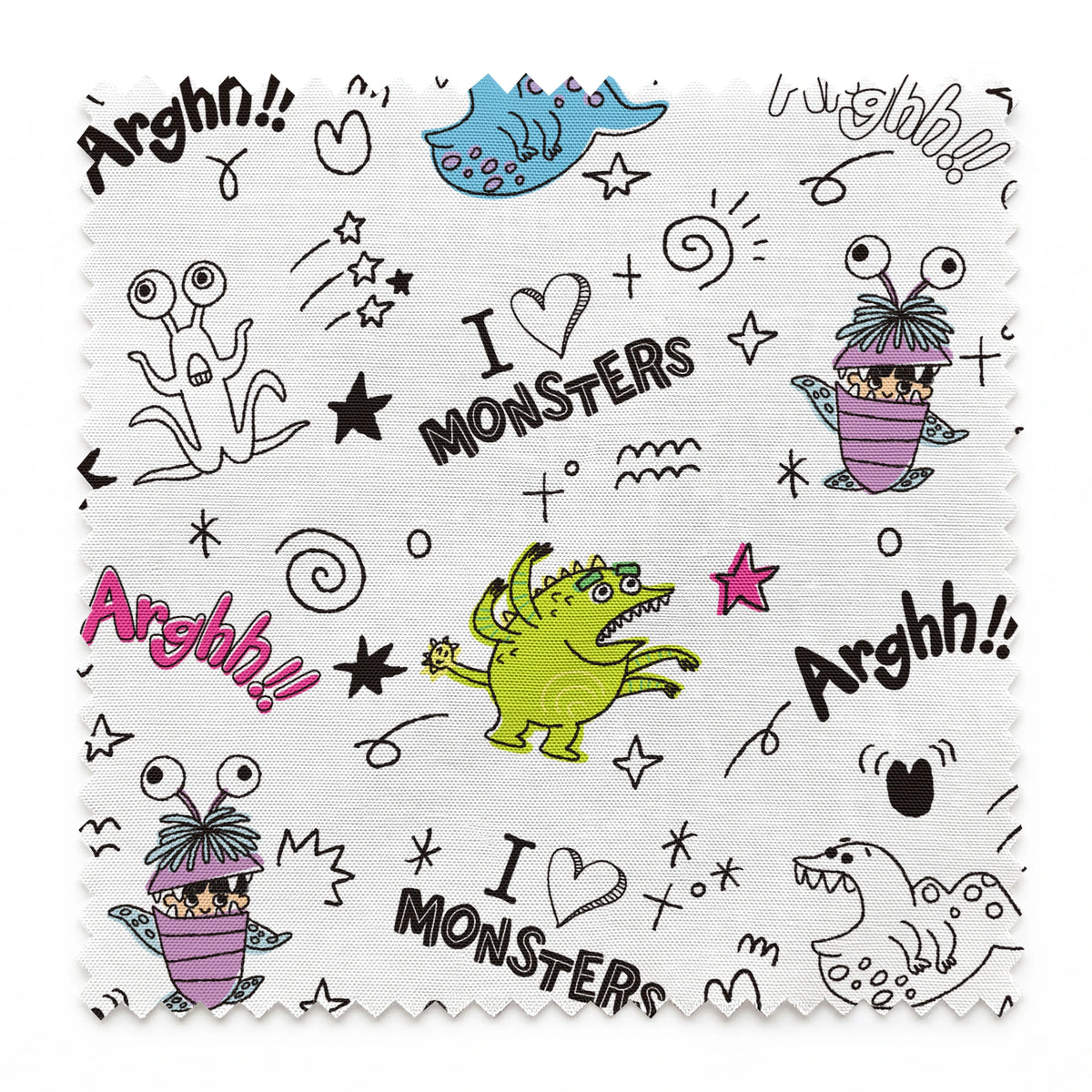 Colorful cartoon monster doodles with "I ♥ MONSTERS" and "Arghh!!" text in playful pattern style springs swatch pinked