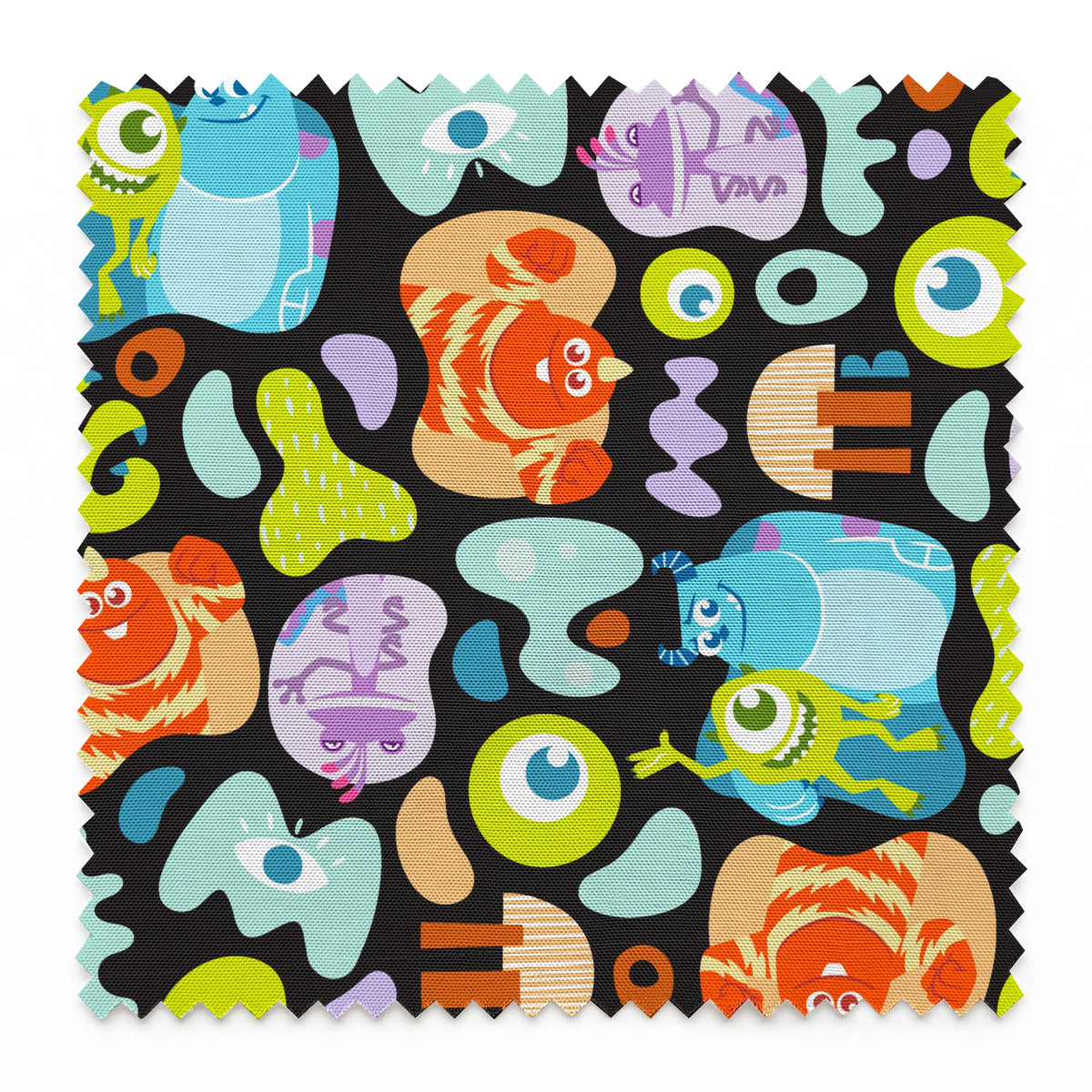 Colorful Monsters Inc pattern with Mike, Sulley and other characters on black background springs swatch pinked