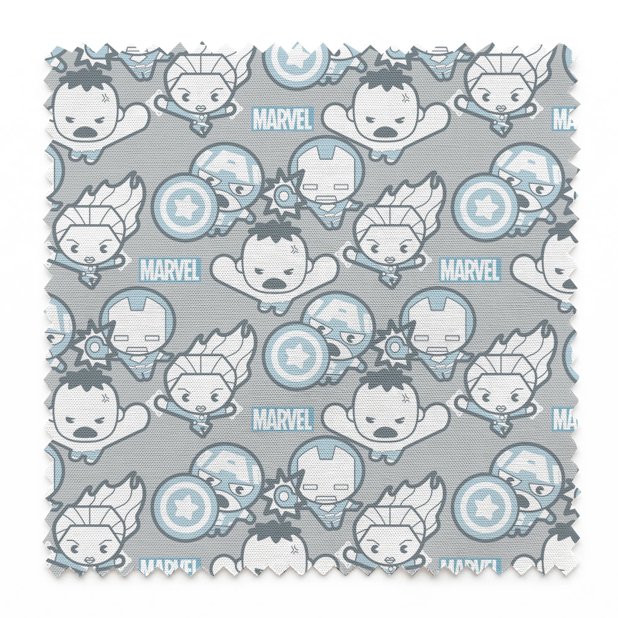 Cute cartoon Marvel superhero pattern with simplified characters and icons on gray background springs swatch pinked