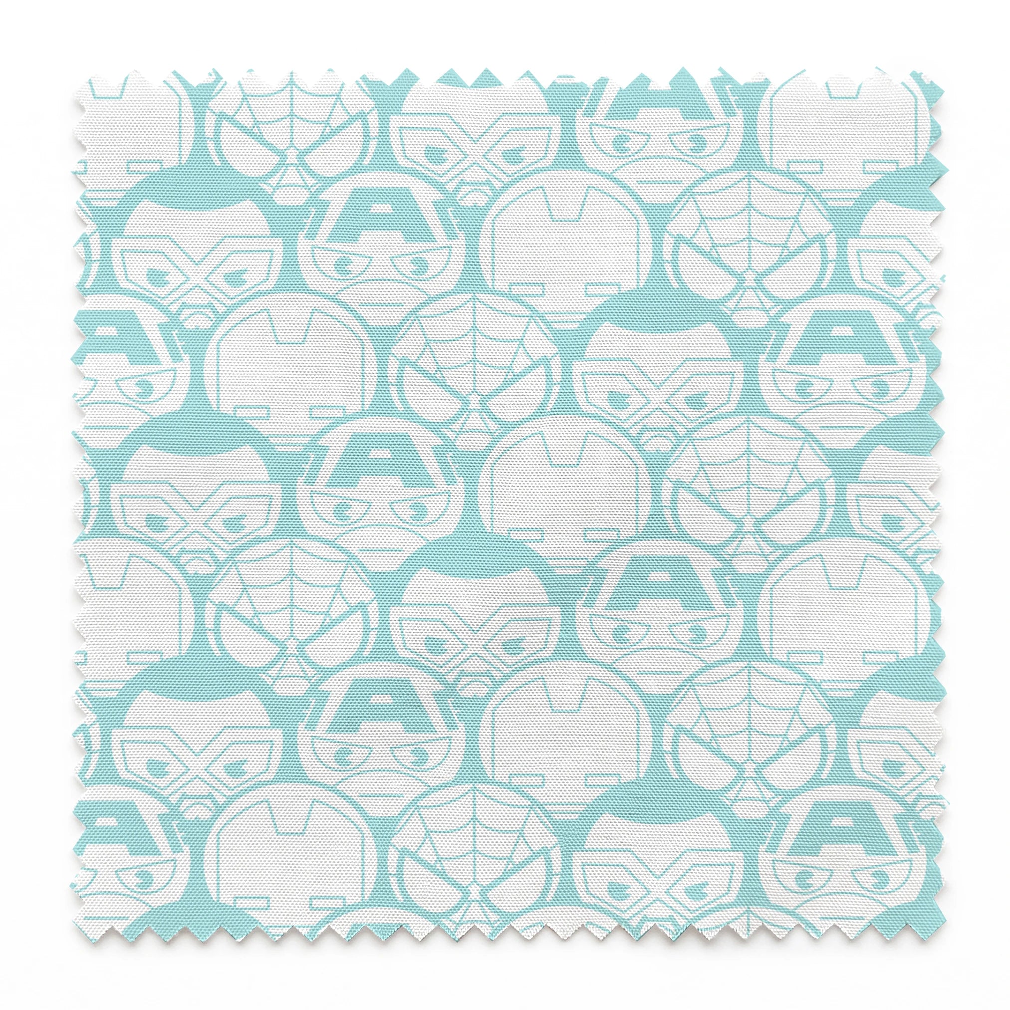Light blue and white pattern of stylized superhero masks and helmets in a repeating design springs swatch pinked