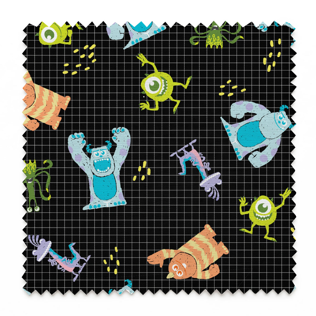 Monsters Inc pattern with Sulley, Mike, & friends on black grid background springs swatch pinked