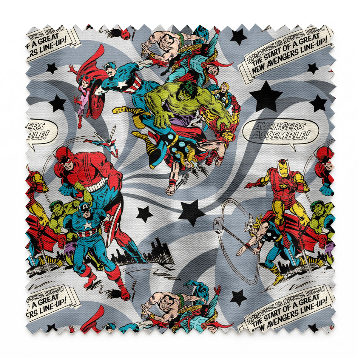 Colorful comic book style pattern with Marvel superheroes on gray background with stars and swirls springs swatch pinked