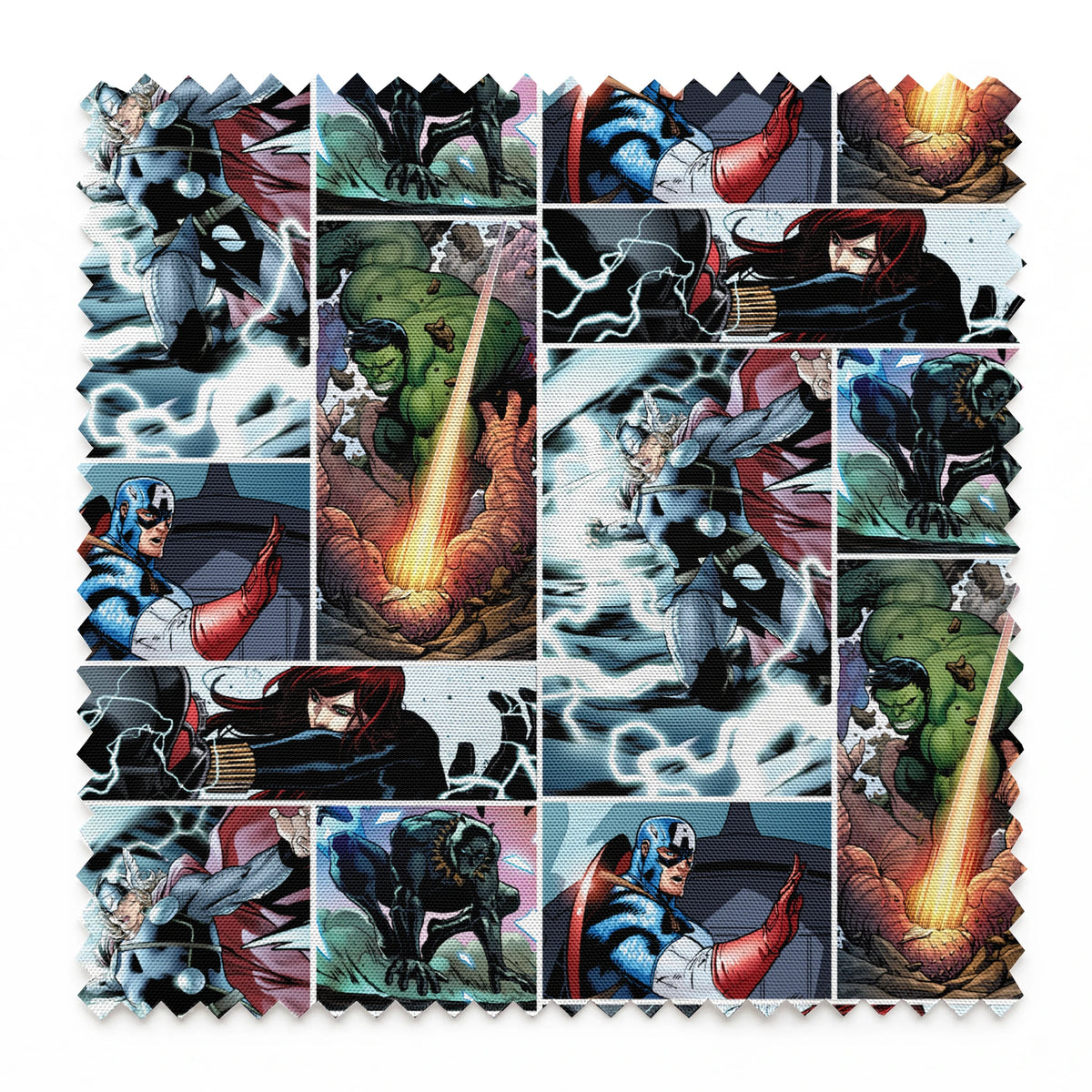 Comic book collage featuring Thor with lightning, Captain America with shield, Hulk, and various Marvel superheroes in action scenes springs swatch pinked