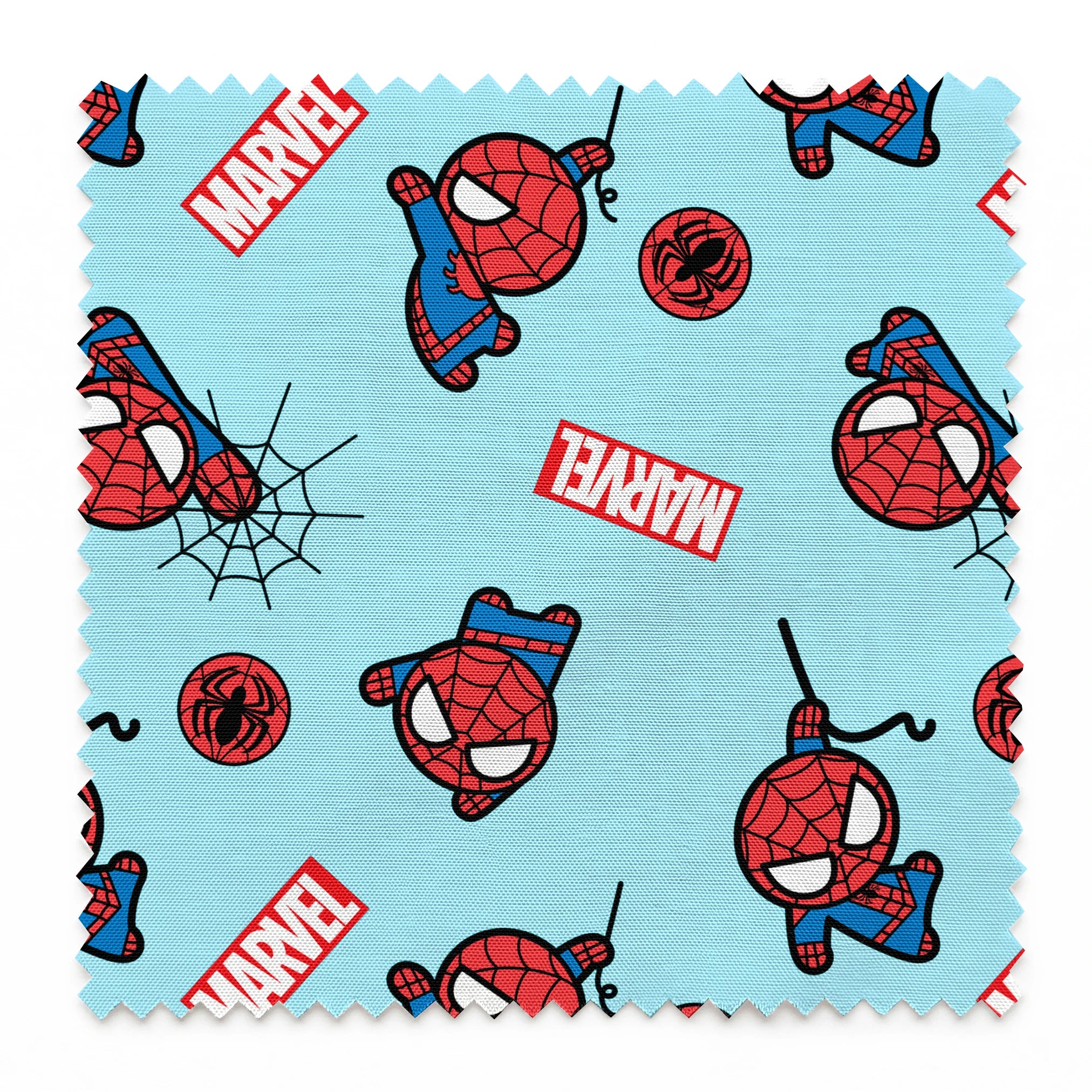 Spider-Man pattern with cartoon character poses, Marvel logos, and spider symbols on light blue background springs swatch pinked