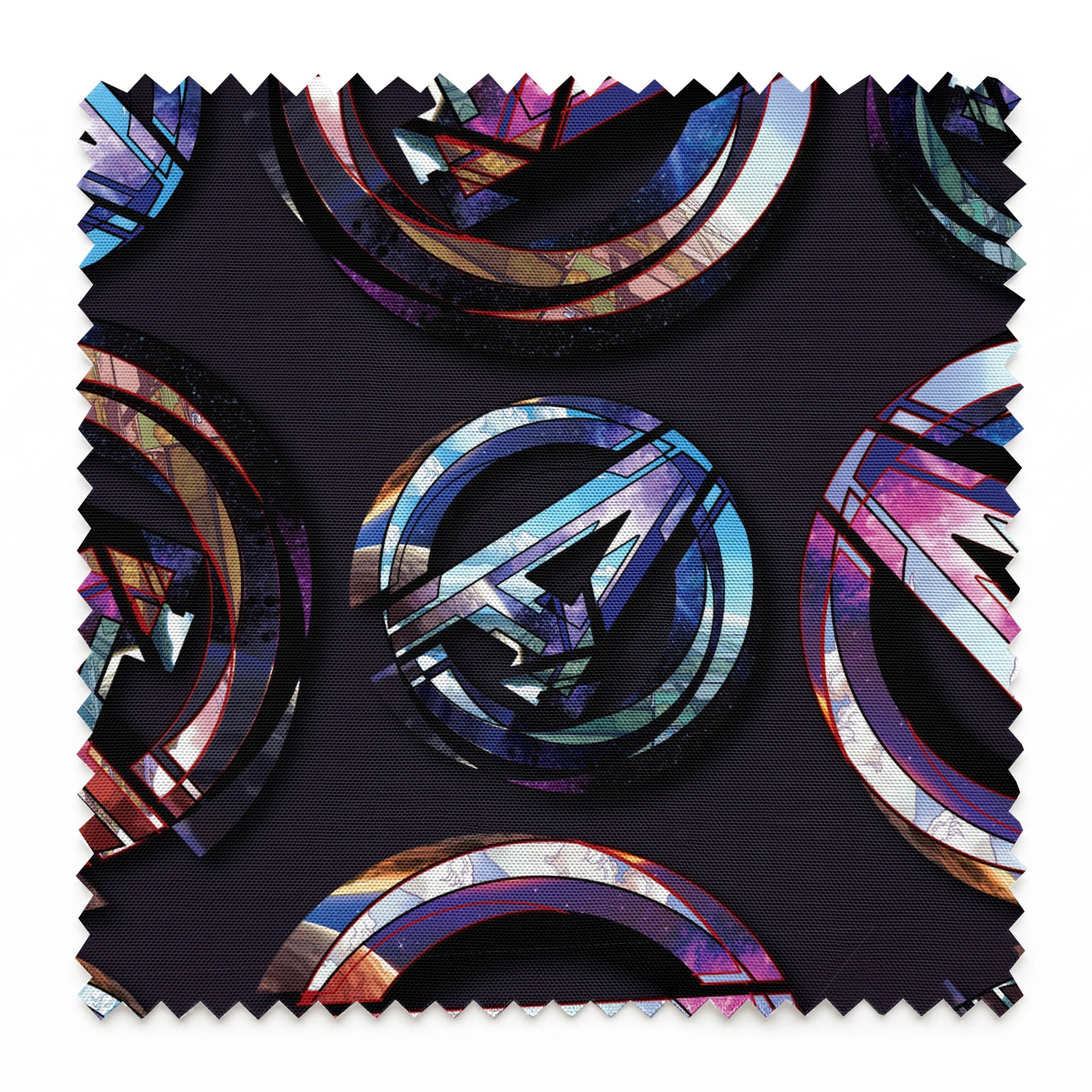 Colorful metallic Avengers logo pattern with iridescent purple and blue reflections on dark background springs swatch pinked
