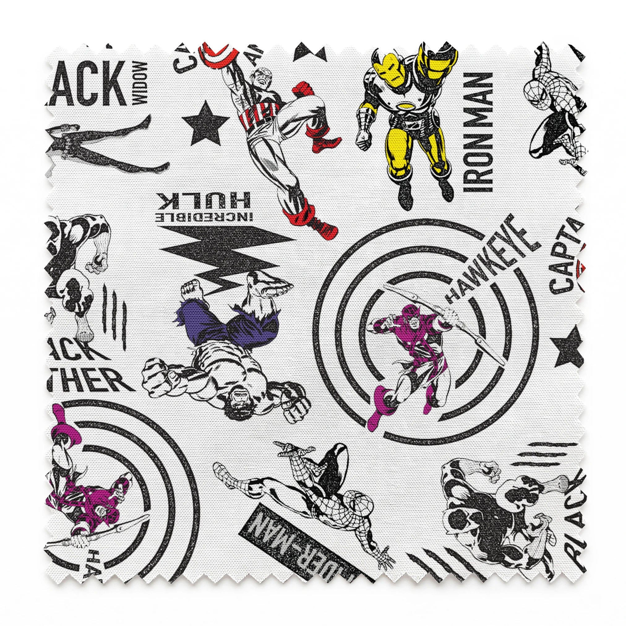 Marvel superheroes pattern with Iron Man, Captain America, Hulk, and Black Panther on white background springs swatch pinked