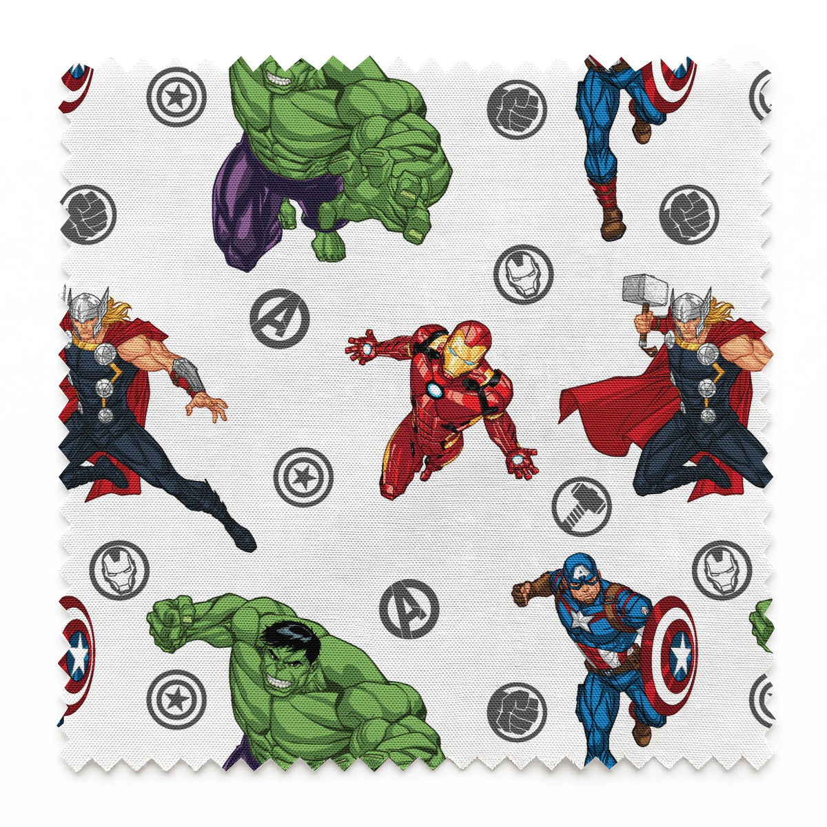 Marvel Avengers characters pattern with Hulk, Thor, Iron Man, and Captain America among superhero logos springs swatch pinked