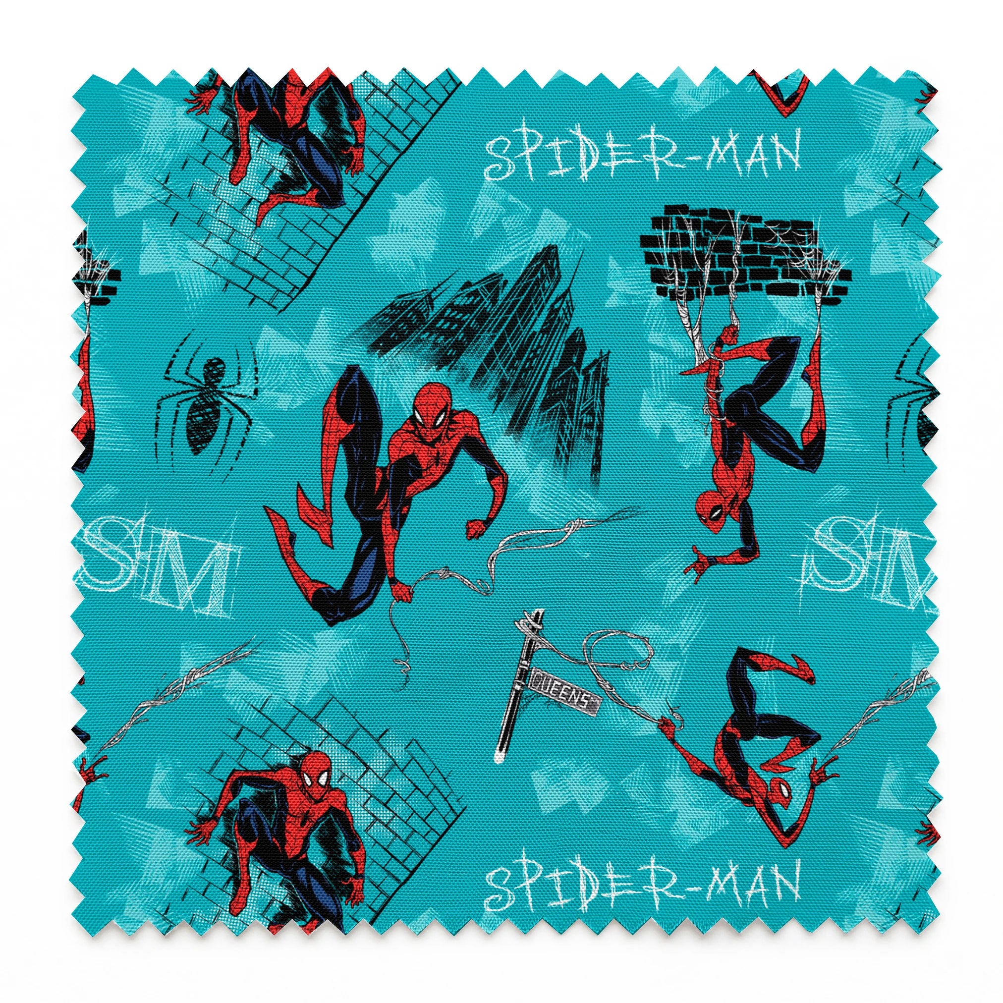 Spider-Man pattern on turquoise background with multiple poses, web designs, and logos springs swatch pinked