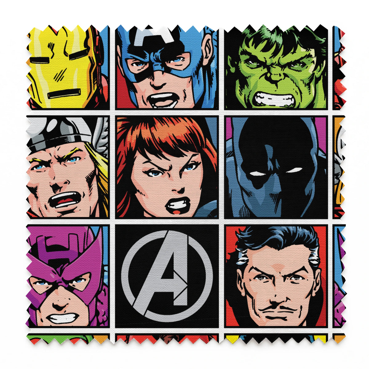 Marvel Avengers character portraits in comic style grid with colorful backgrounds showing superheroes and their iconic looks. springs swatch pinked